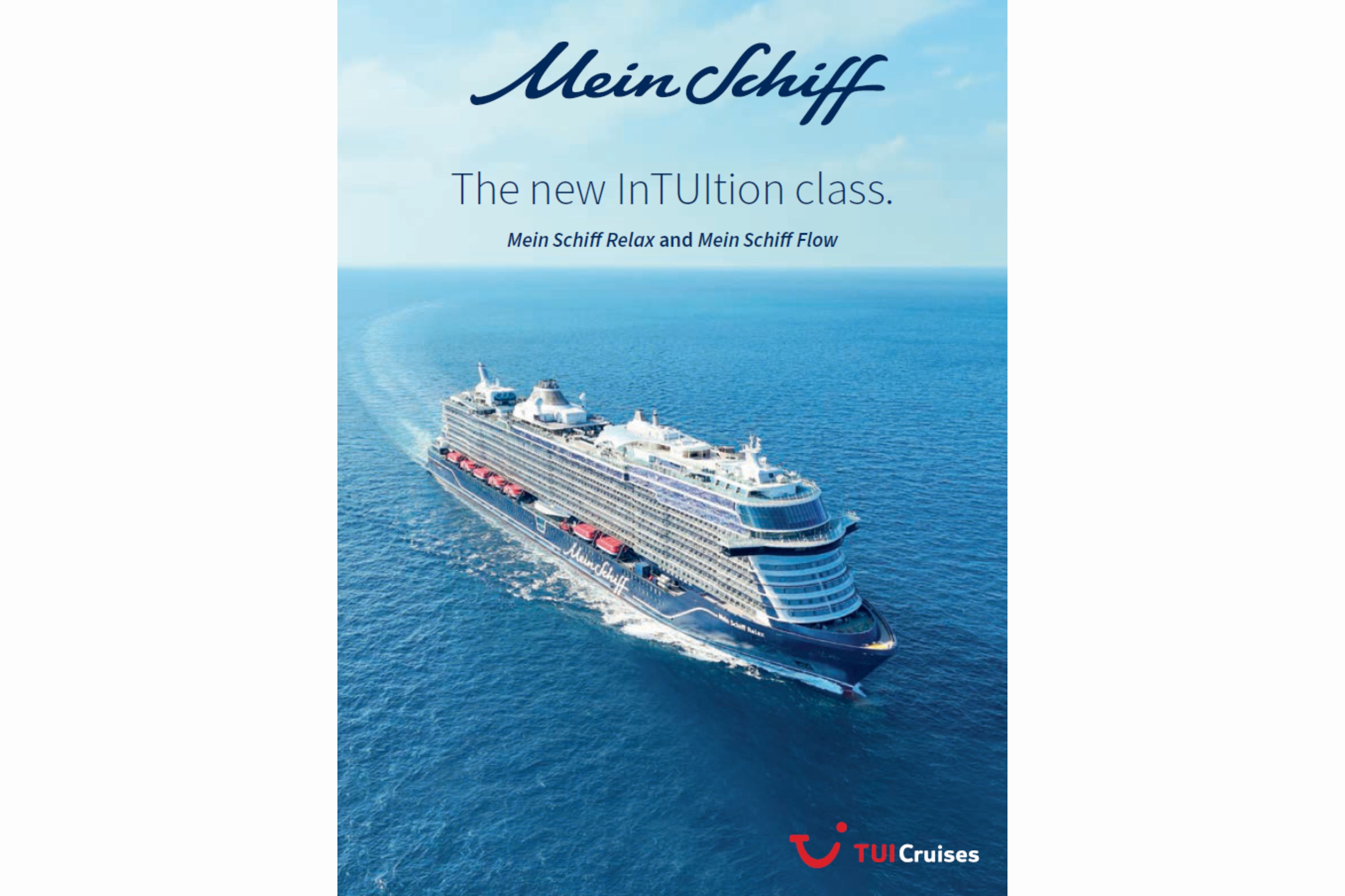 Brochure cover “Mein Schiff – The new InTUItion class”, drone view of a cruise ship at sea.