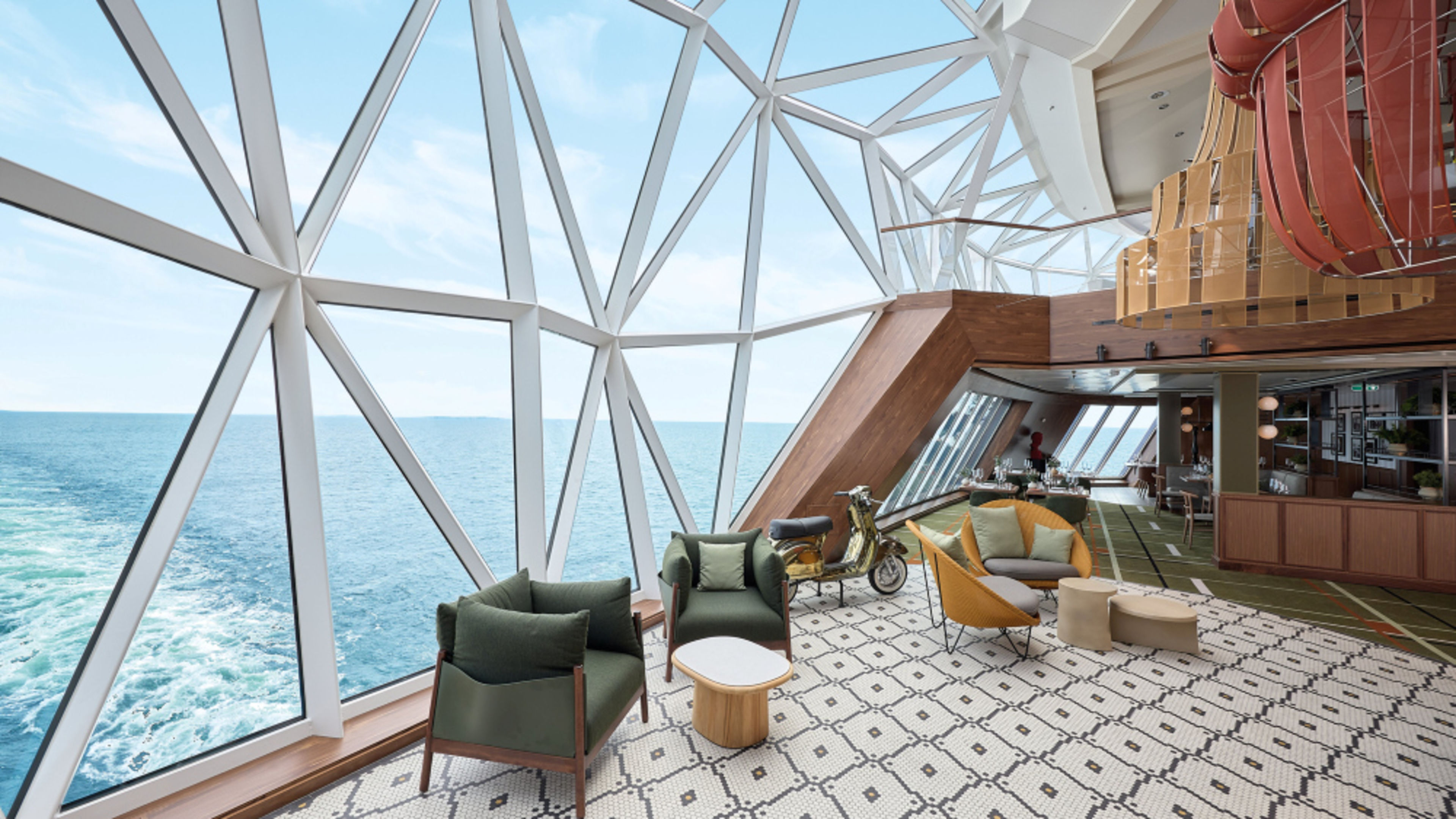 The elegant La Spezia lounge area on Mein Schiff® 7, offering sea views through a geodesic glass front. The elegant La Spezia lounge area on Mein Schiff® 7, offering sea views through a geodesic glass front.