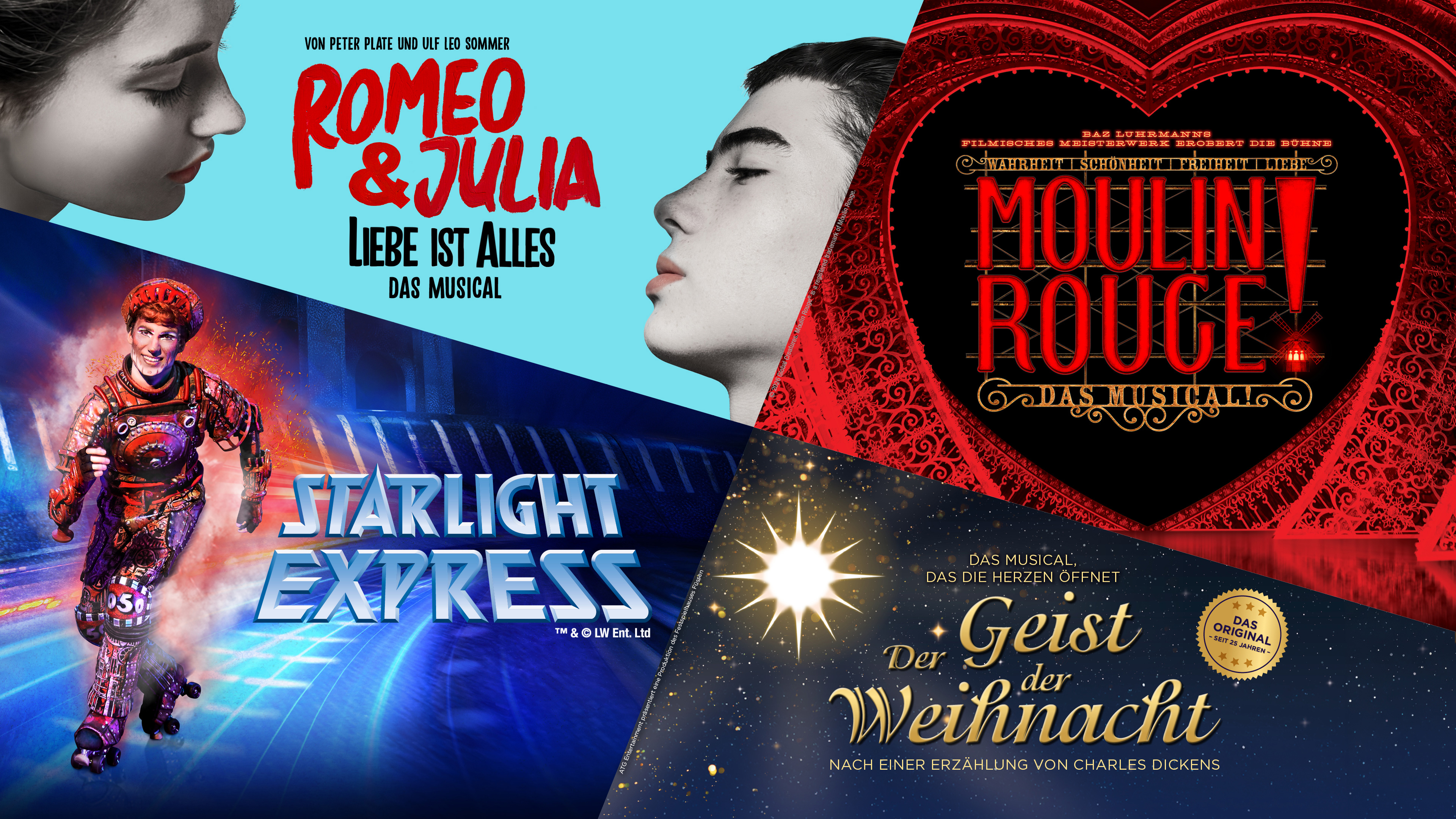 Vier Musical-Poster: Romeo & Julia, Moulin Rouge, Starlight Express und Der Geist der Weihnacht.