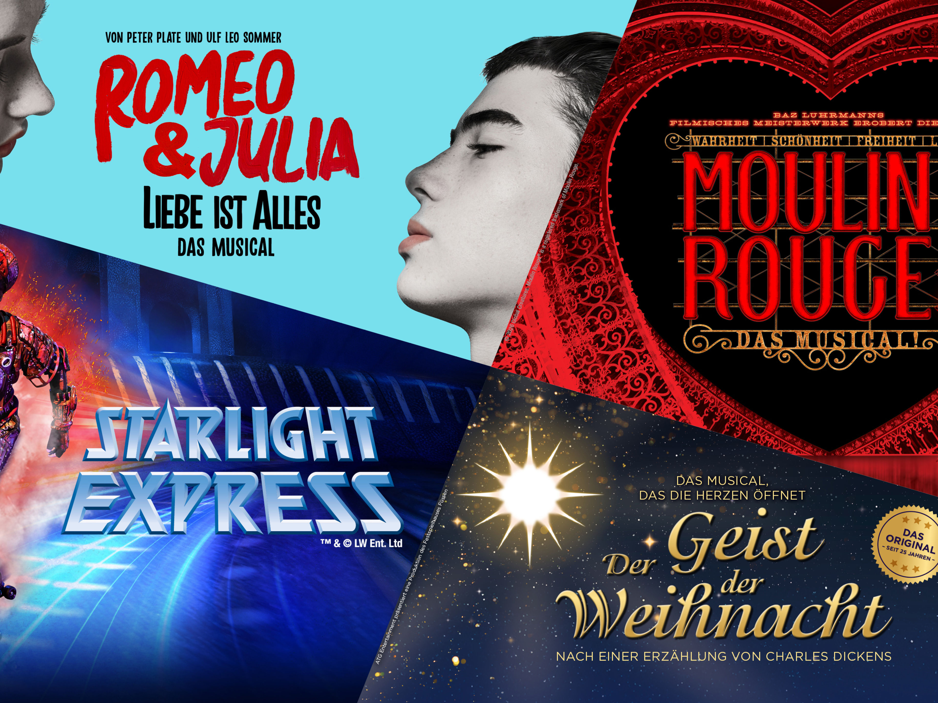 Vier Musical-Poster: Romeo & Julia, Moulin Rouge, Starlight Express und Der Geist der Weihnacht. Vier Musical-Poster: Romeo & Julia, Moulin Rouge, Starlight Express und Der Geist der Weihnacht.