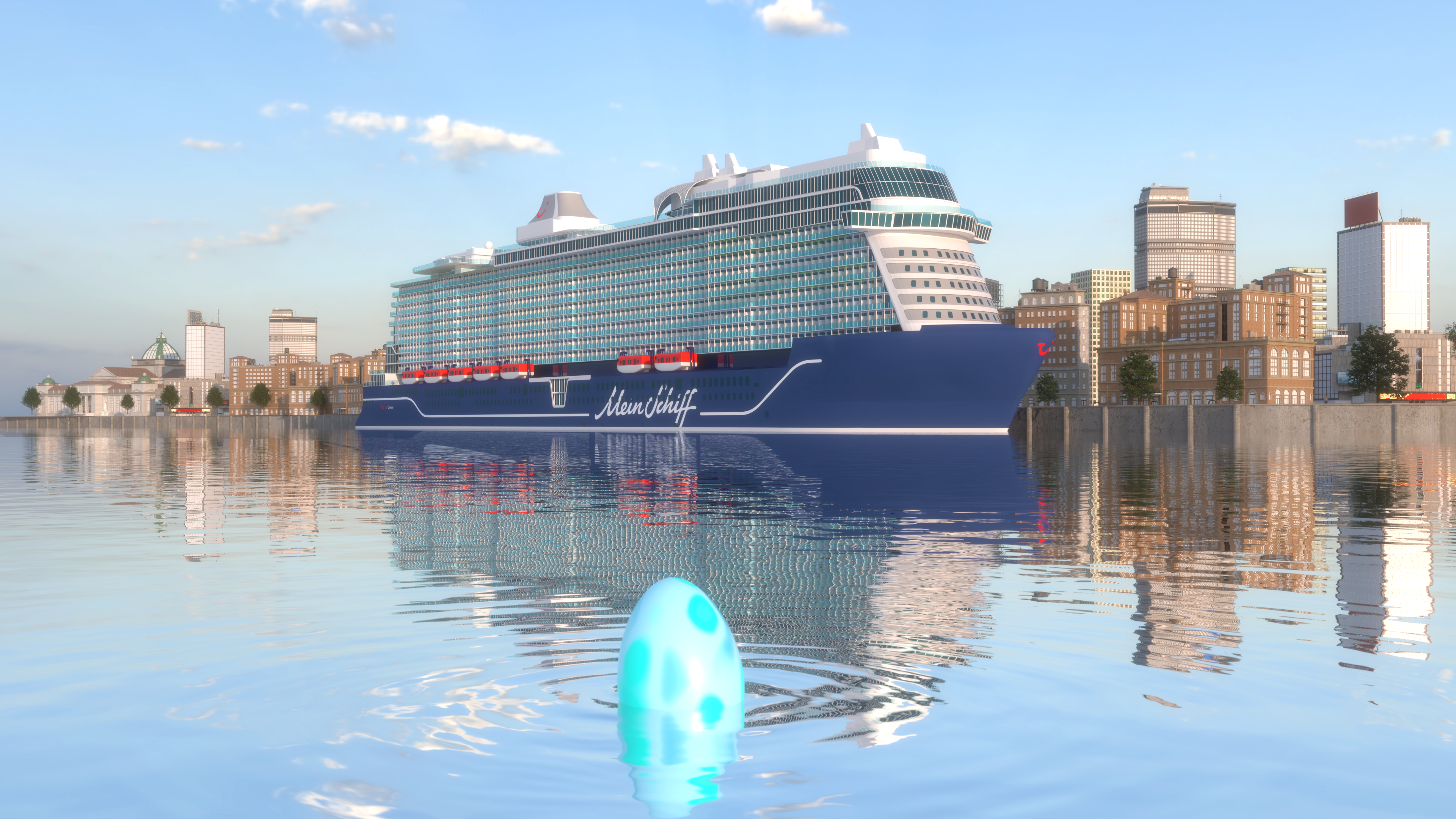 Kreuzfahrtschiff der Mein Schiff® Flotte vor Stadtskyline, ruhiges Wasser mit Spiegelung.