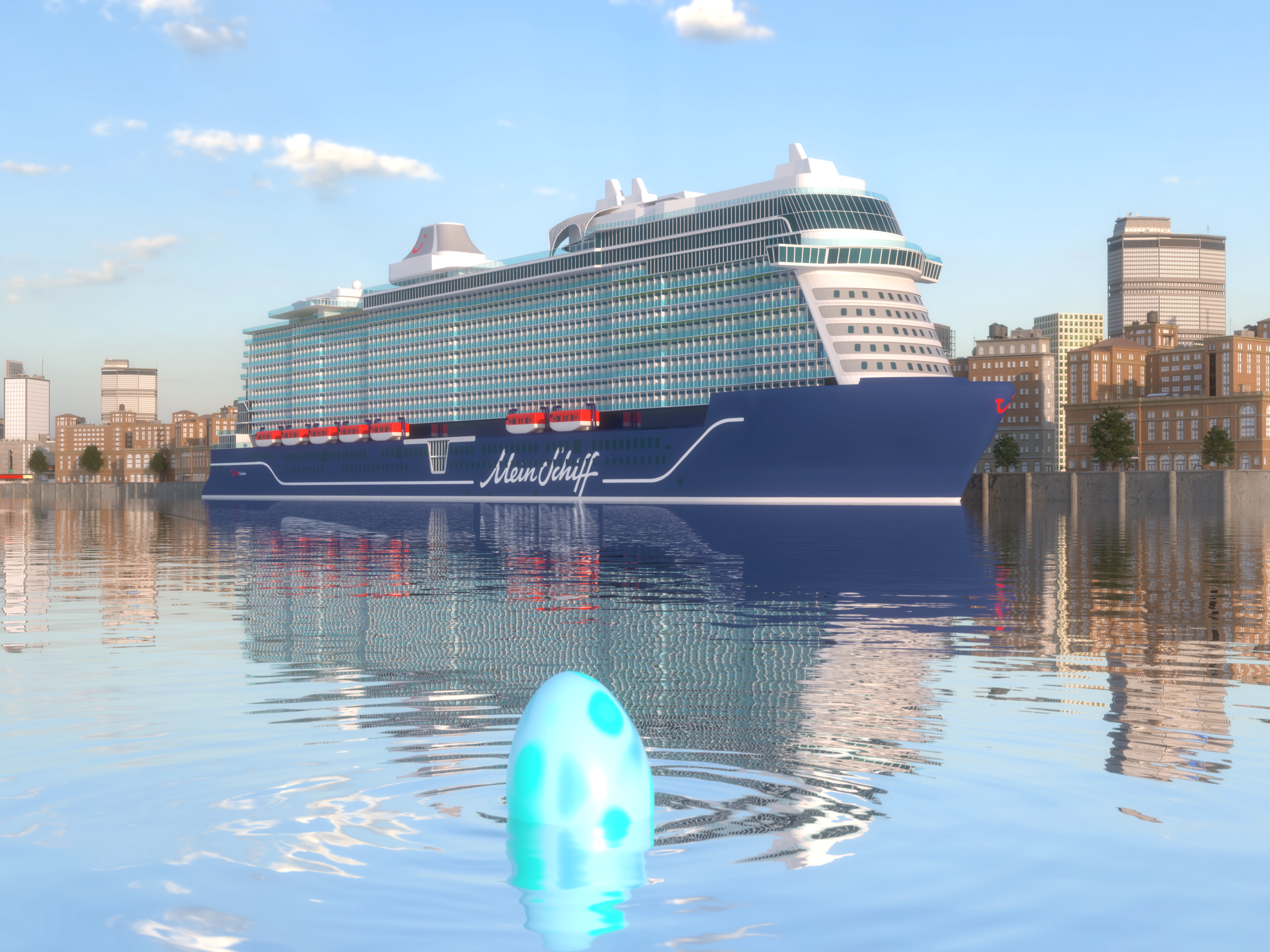 Kreuzfahrtschiff der Mein Schiff® Flotte vor Stadtskyline, ruhiges Wasser mit Spiegelung. Kreuzfahrtschiff der Mein Schiff® Flotte vor Stadtskyline, ruhiges Wasser mit Spiegelung.