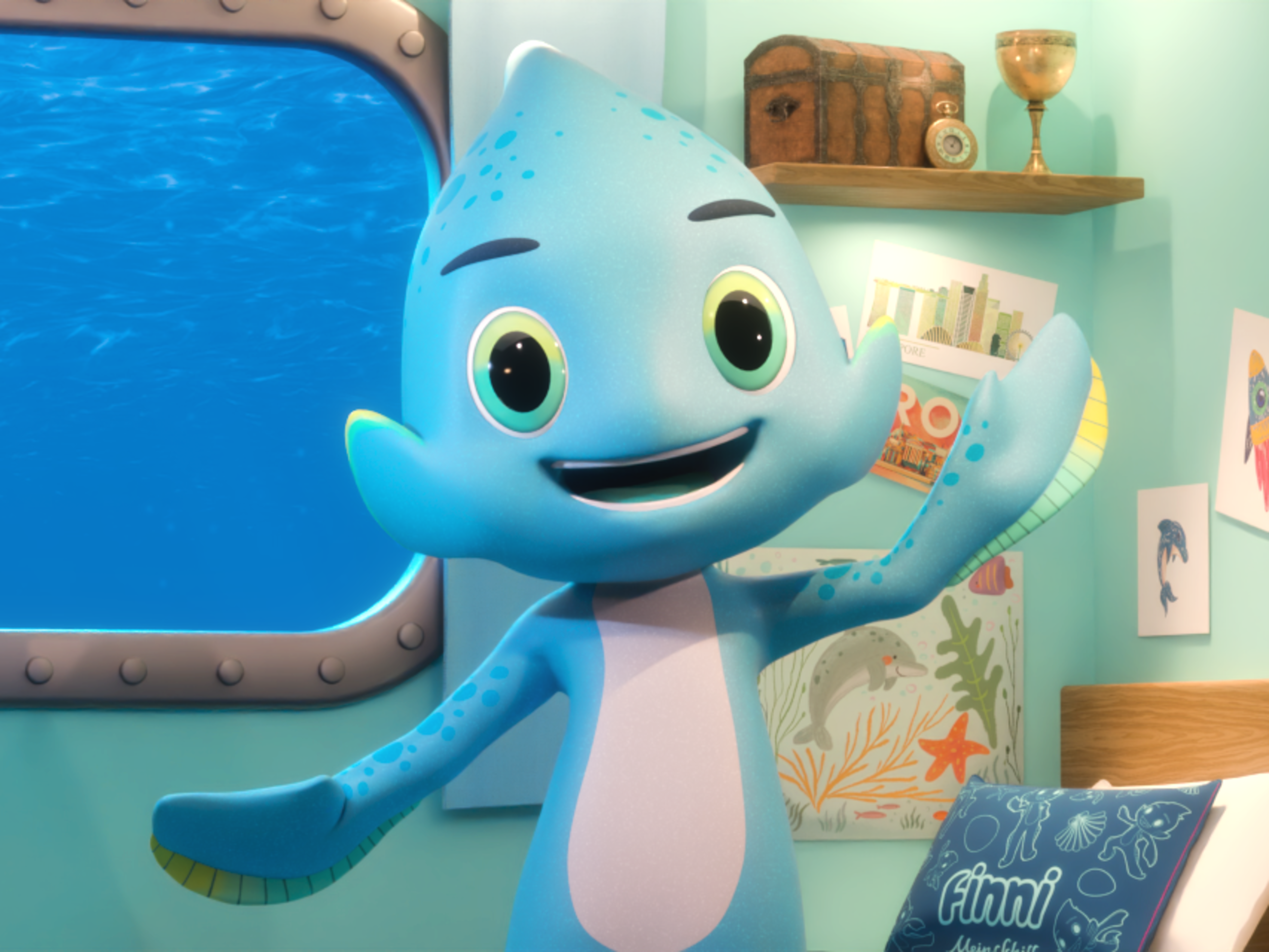 Blauer Fisch winkt im Kinderzimmer, Bullauge mit Meerblick, Wandbilder und Bett im Hintergrund Blauer Fisch winkt im Kinderzimmer, Bullauge mit Meerblick, Wandbilder und Bett im Hintergrund