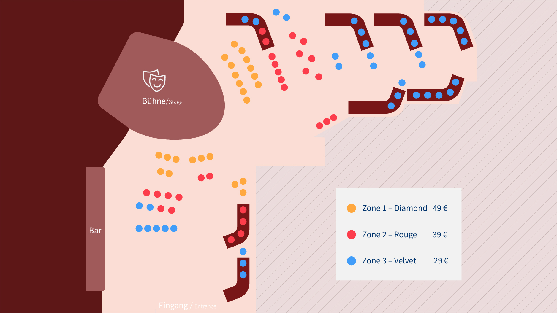 Seating plan La Cage with stage, bar, coloured price categories and prices.