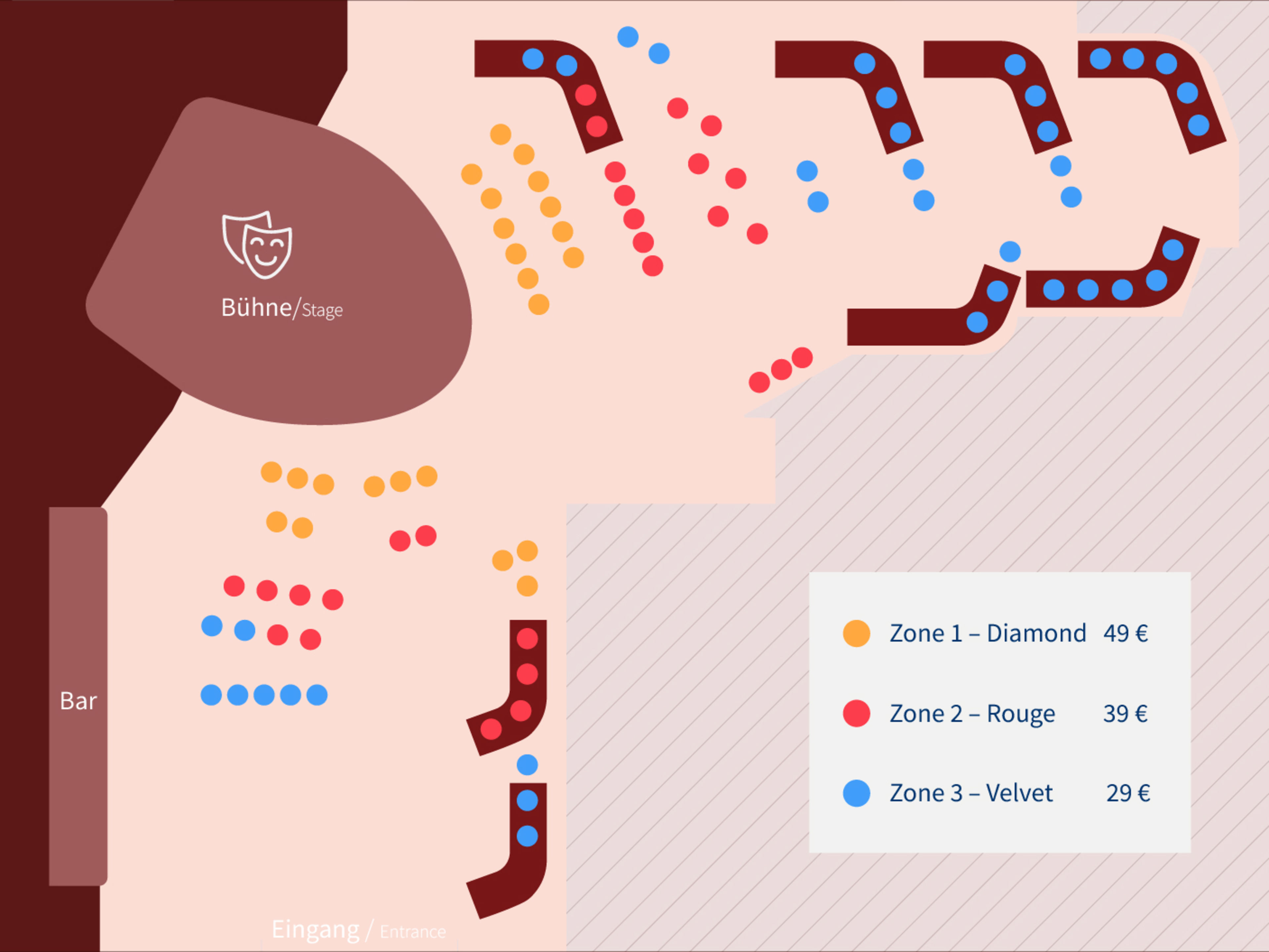 Seating plan La Cage with stage, bar, coloured price categories and prices. Seating plan La Cage with stage, bar, coloured price categories and prices.