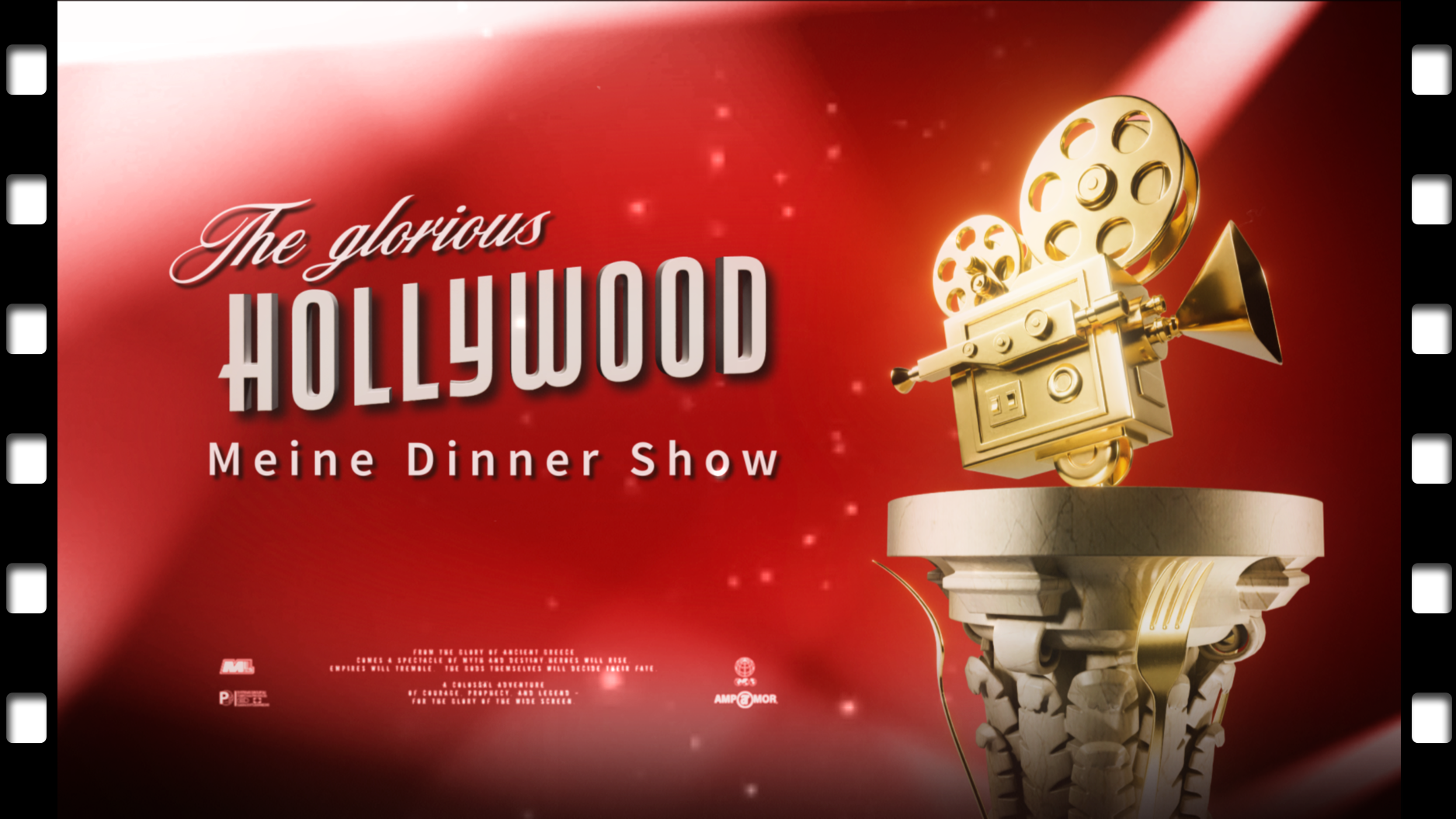 Ein Plakat für "The Glorious Hollywood" mit rotem Hintergrund und goldener Kamera.