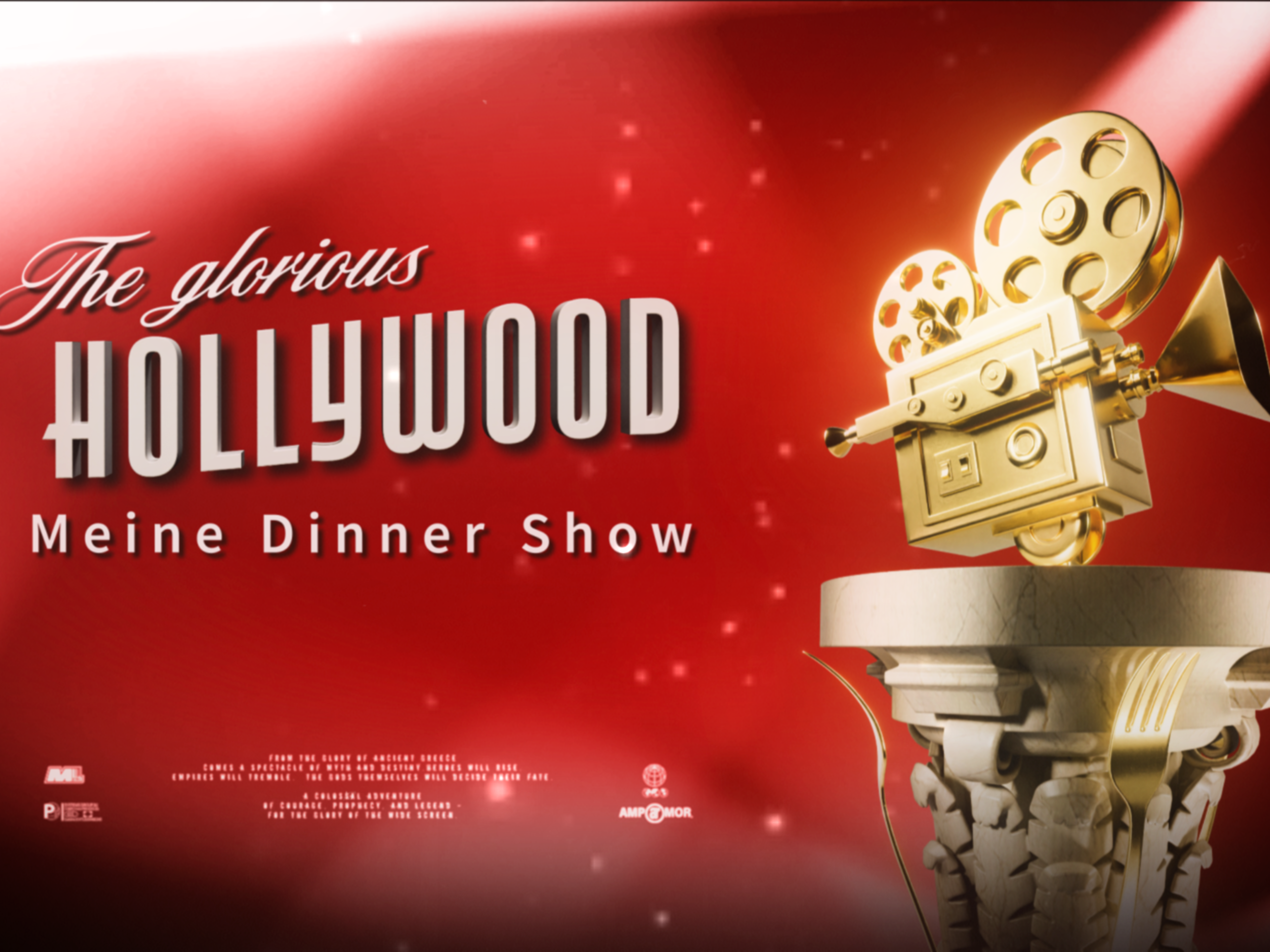 Ein Plakat für "The Glorious Hollywood" mit rotem Hintergrund und goldener Kamera. Ein Plakat für "The Glorious Hollywood" mit rotem Hintergrund und goldener Kamera.
