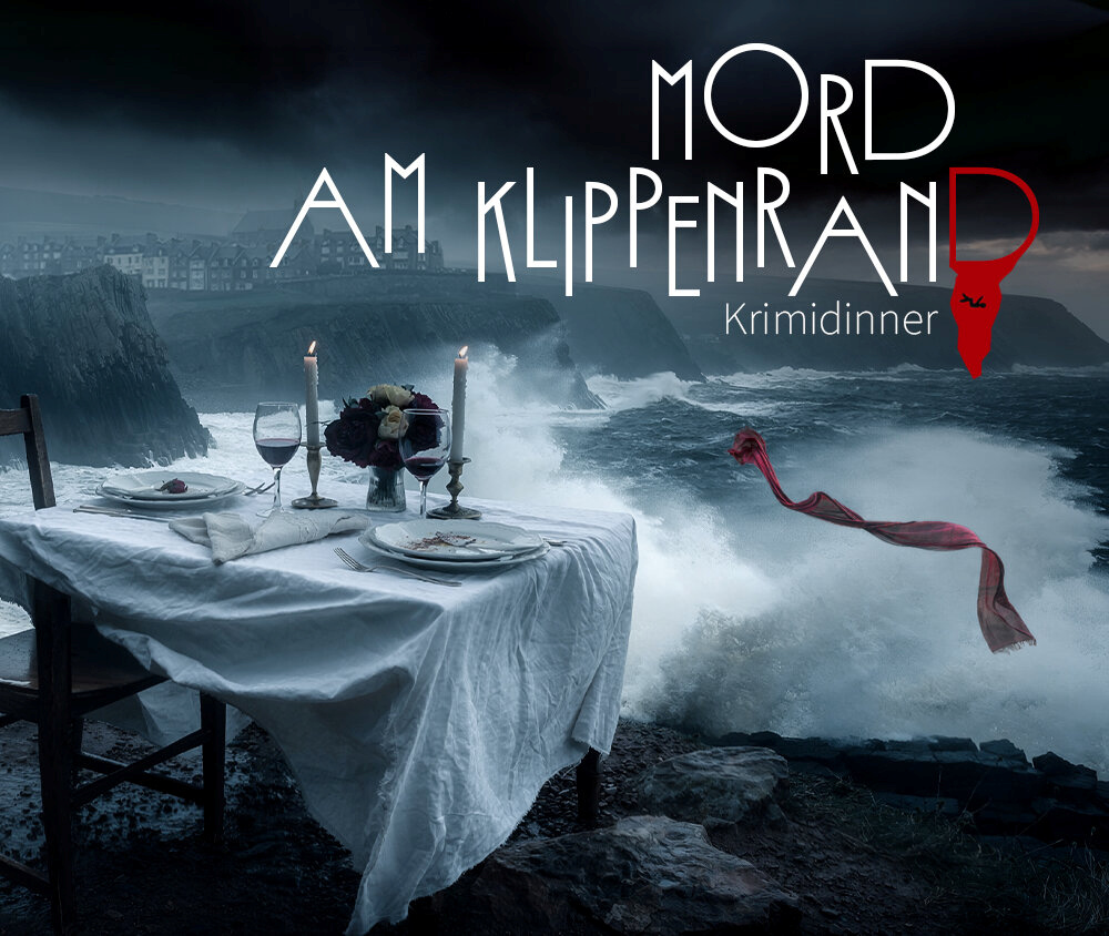 Ein Tisch mit Abendessen steht am Klippenrand.