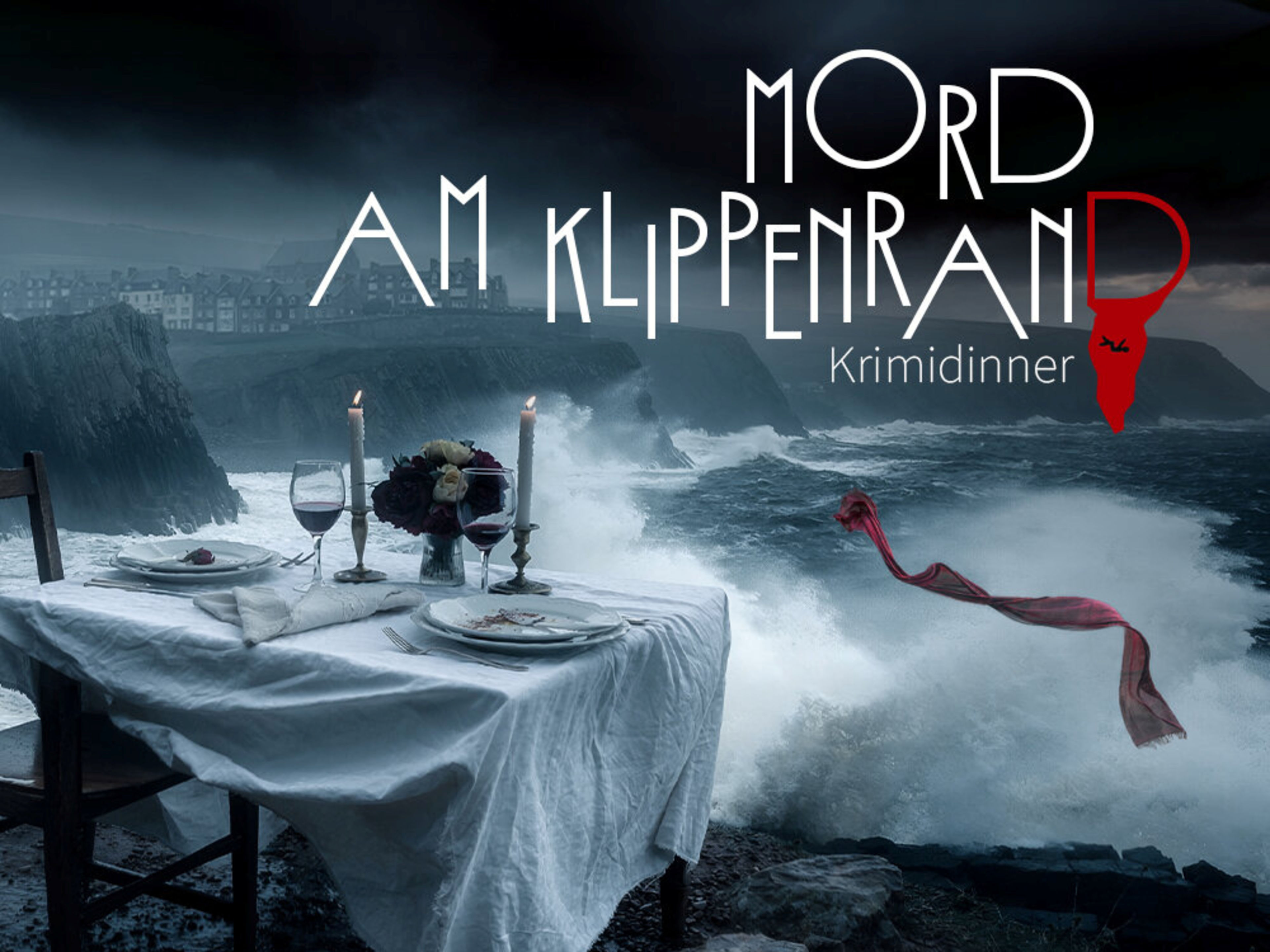 Ein Tisch mit Abendessen steht am Klippenrand. Ein Tisch mit Abendessen steht am Klippenrand.