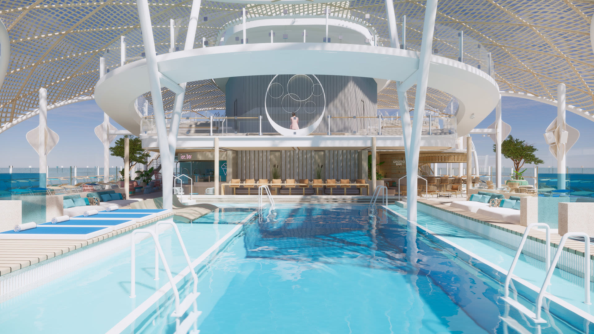 Pooldeck auf Kreuzfahrtschiff mit Liegen, Bar und Meerblick.