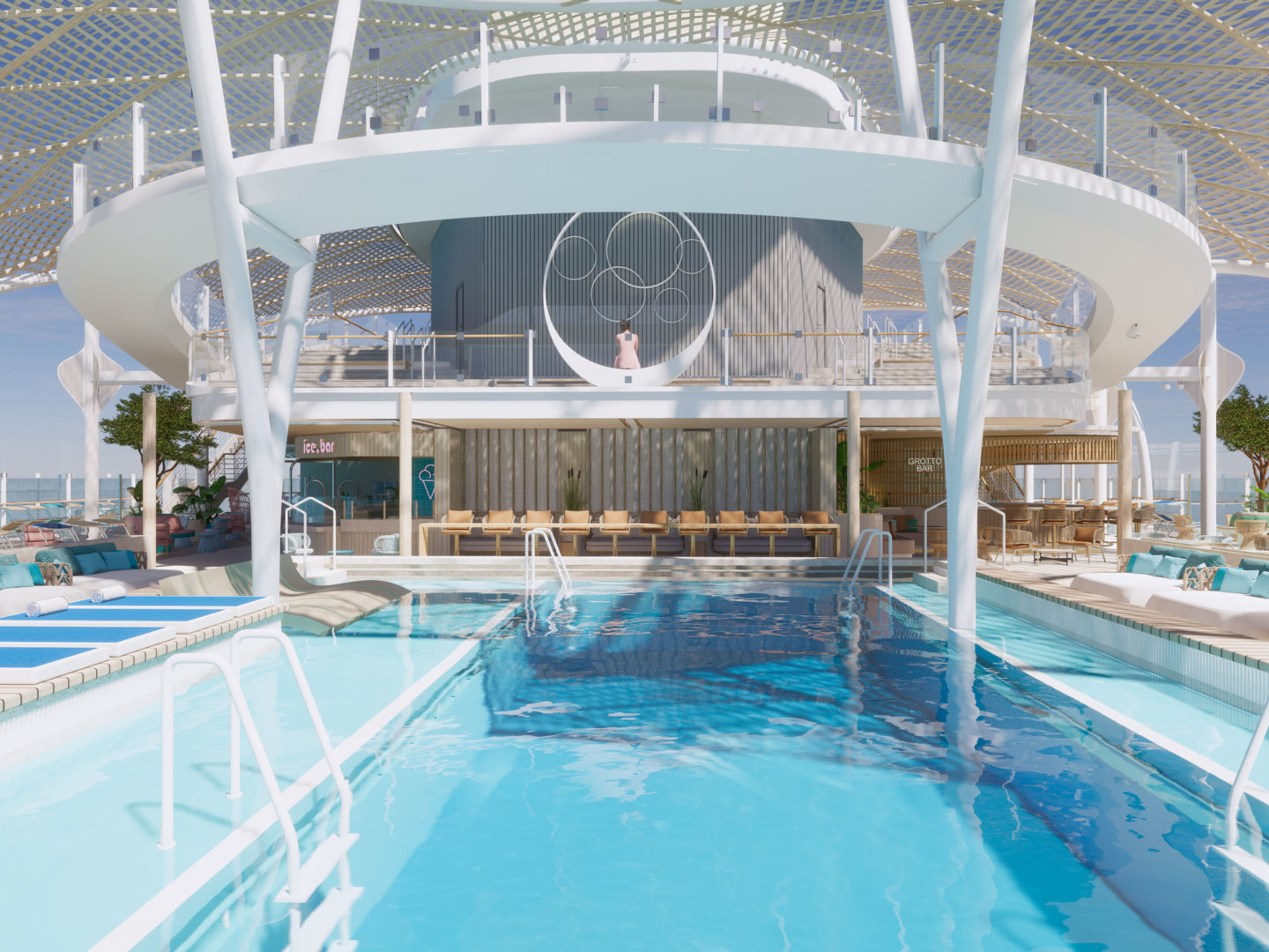 Pooldeck auf Kreuzfahrtschiff mit Liegen, Bar und Meerblick. Pooldeck auf Kreuzfahrtschiff mit Liegen, Bar und Meerblick.