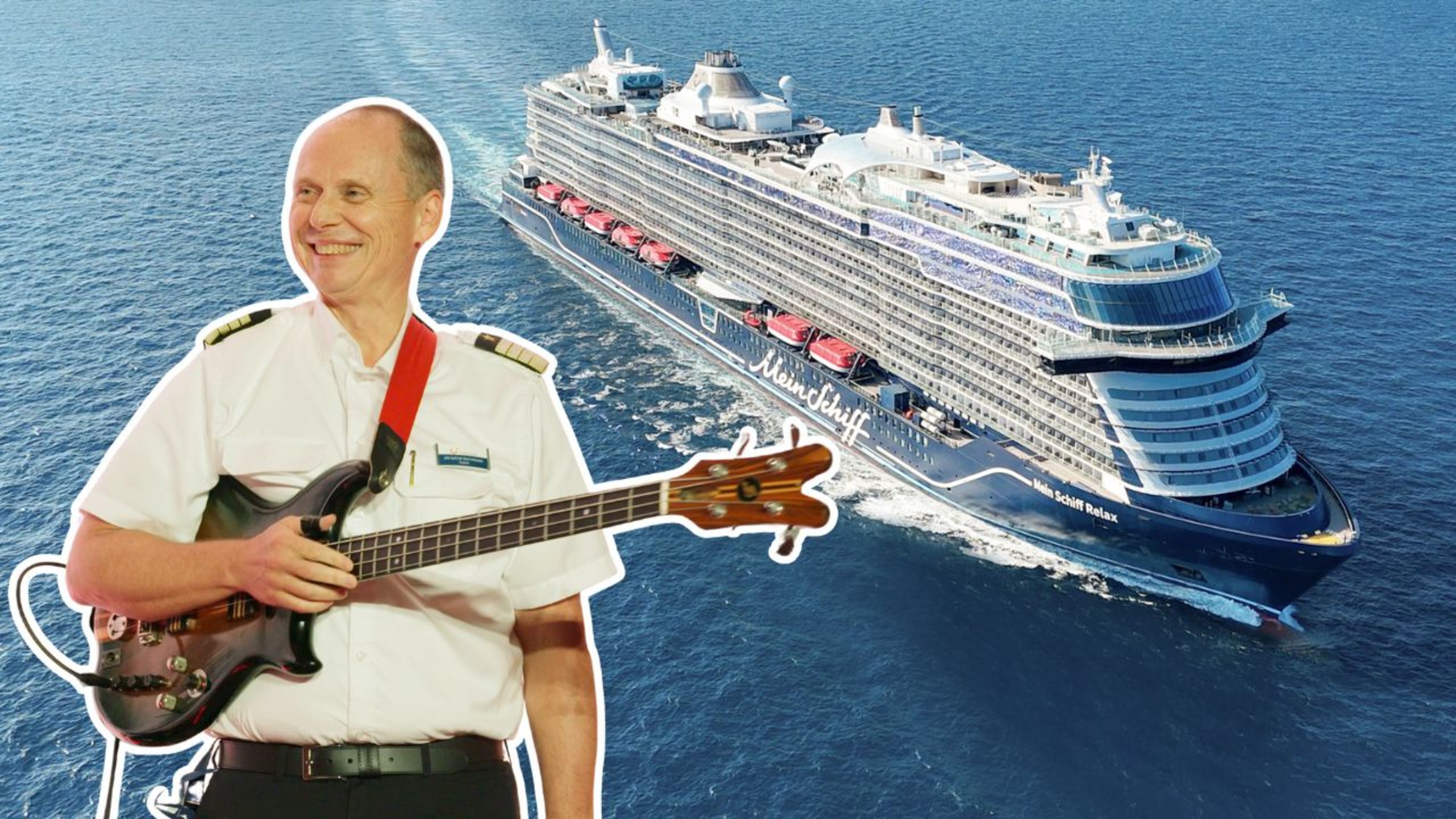 Mann mit Gitarre vor Kreuzfahrtschiff der Mein Schiff® Flotte auf offenem Meer. Mann mit Gitarre vor Kreuzfahrtschiff der Mein Schiff® Flotte auf offenem Meer.