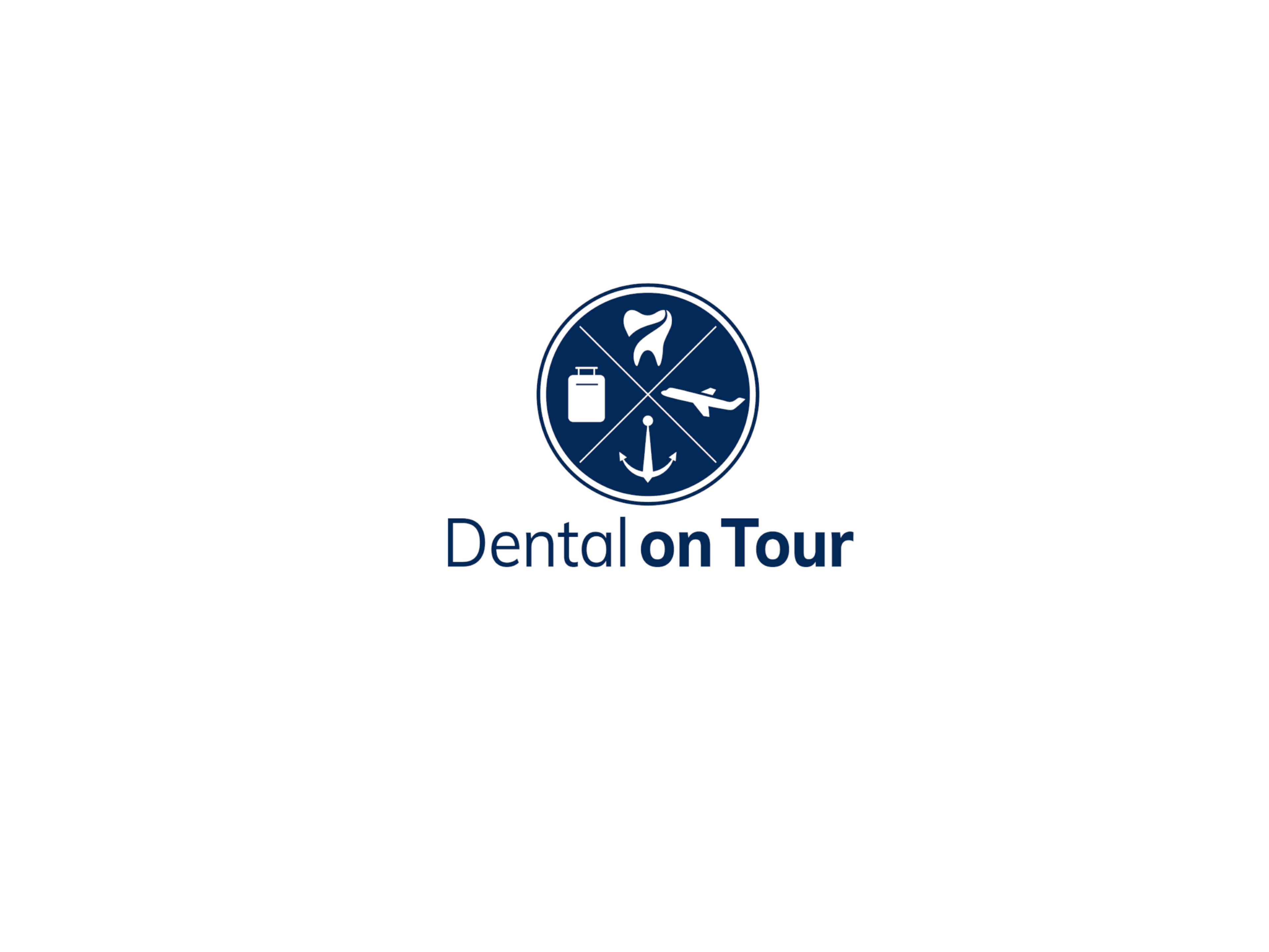 Logo mit Zahn, Anker, Flugzeug, Koffer, Text "Dental on Tour". Logo mit Zahn, Anker, Flugzeug, Koffer, Text "Dental on Tour".