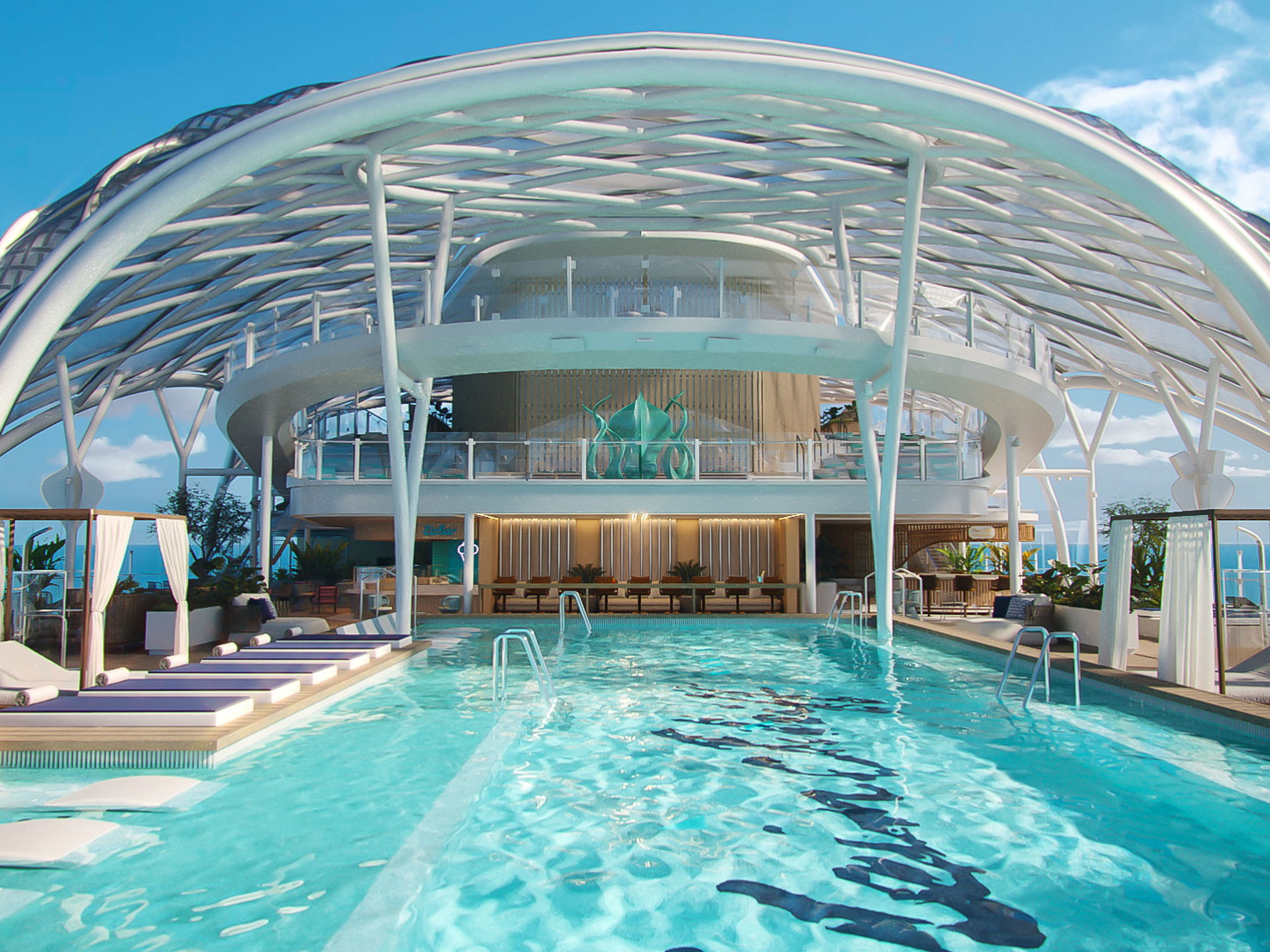 Pooldeck auf Kreuzfahrtschiff der Mein Schiff® Flotte, modernes Design, blauer Himmel. Pooldeck auf Kreuzfahrtschiff der Mein Schiff® Flotte, modernes Design, blauer Himmel.