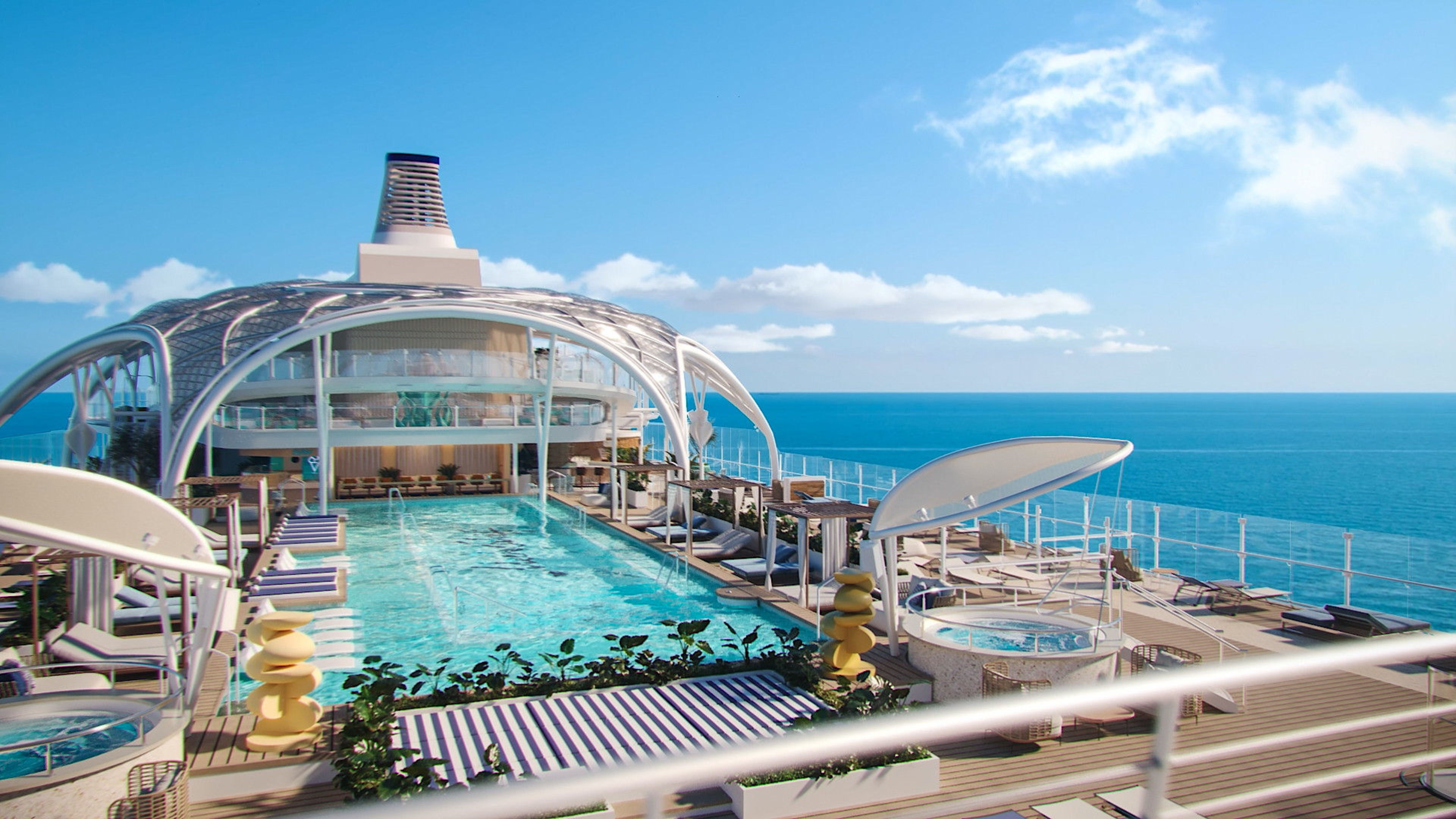 Kreuzfahrtschiff-Pooldeck mit Meerblick, blauer Himmel, Sonnendeck. Kreuzfahrtschiff-Pooldeck mit Meerblick, blauer Himmel, Sonnendeck.