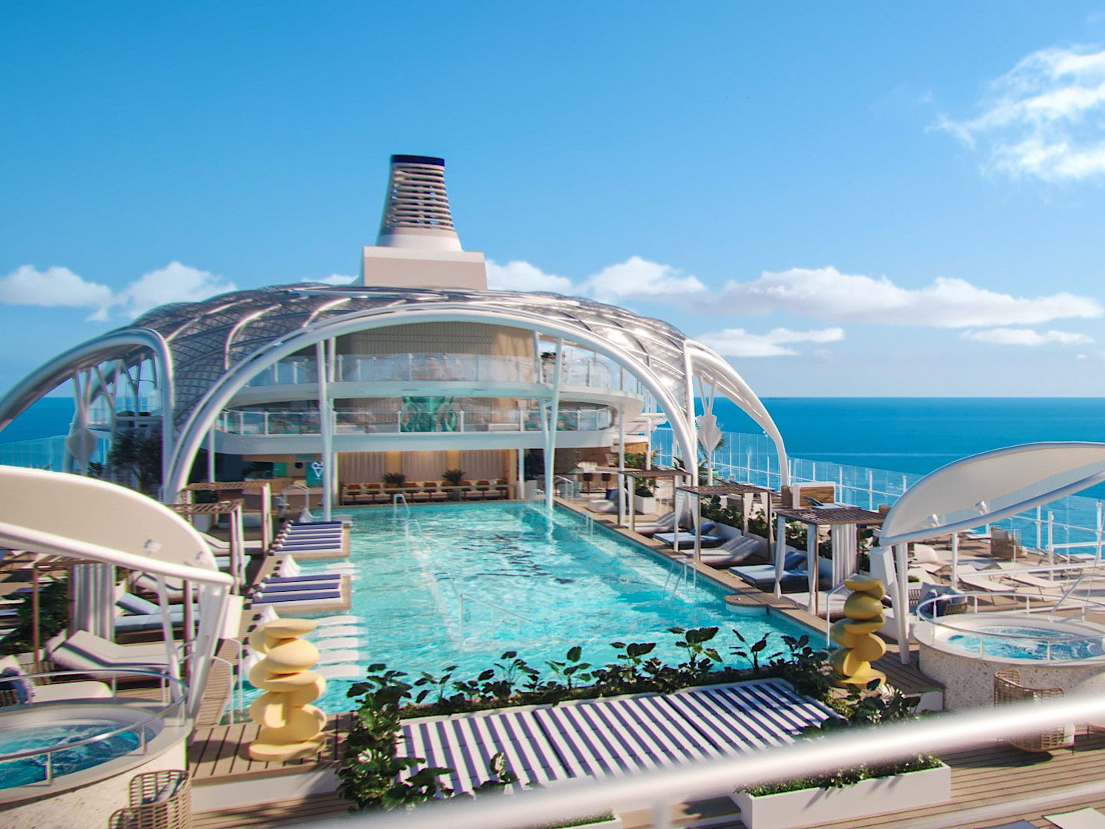 Kreuzfahrtschiff-Pooldeck mit Meerblick, blauer Himmel, Sonnendeck. Kreuzfahrtschiff-Pooldeck mit Meerblick, blauer Himmel, Sonnendeck.
