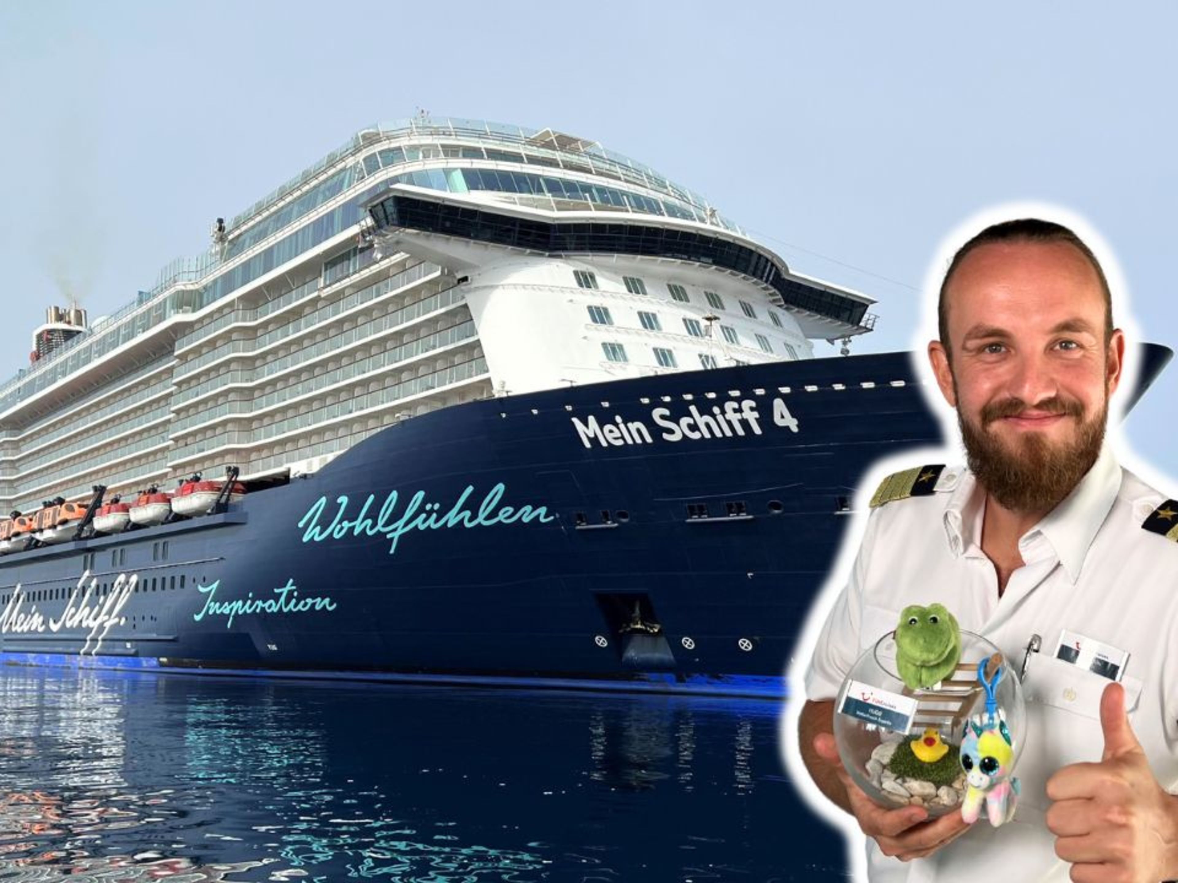 Kreuzfahrtschiff der Mein Schiff® Flotte, Mann mit Daumen hoch. Kreuzfahrtschiff der Mein Schiff® Flotte, Mann mit Daumen hoch.
