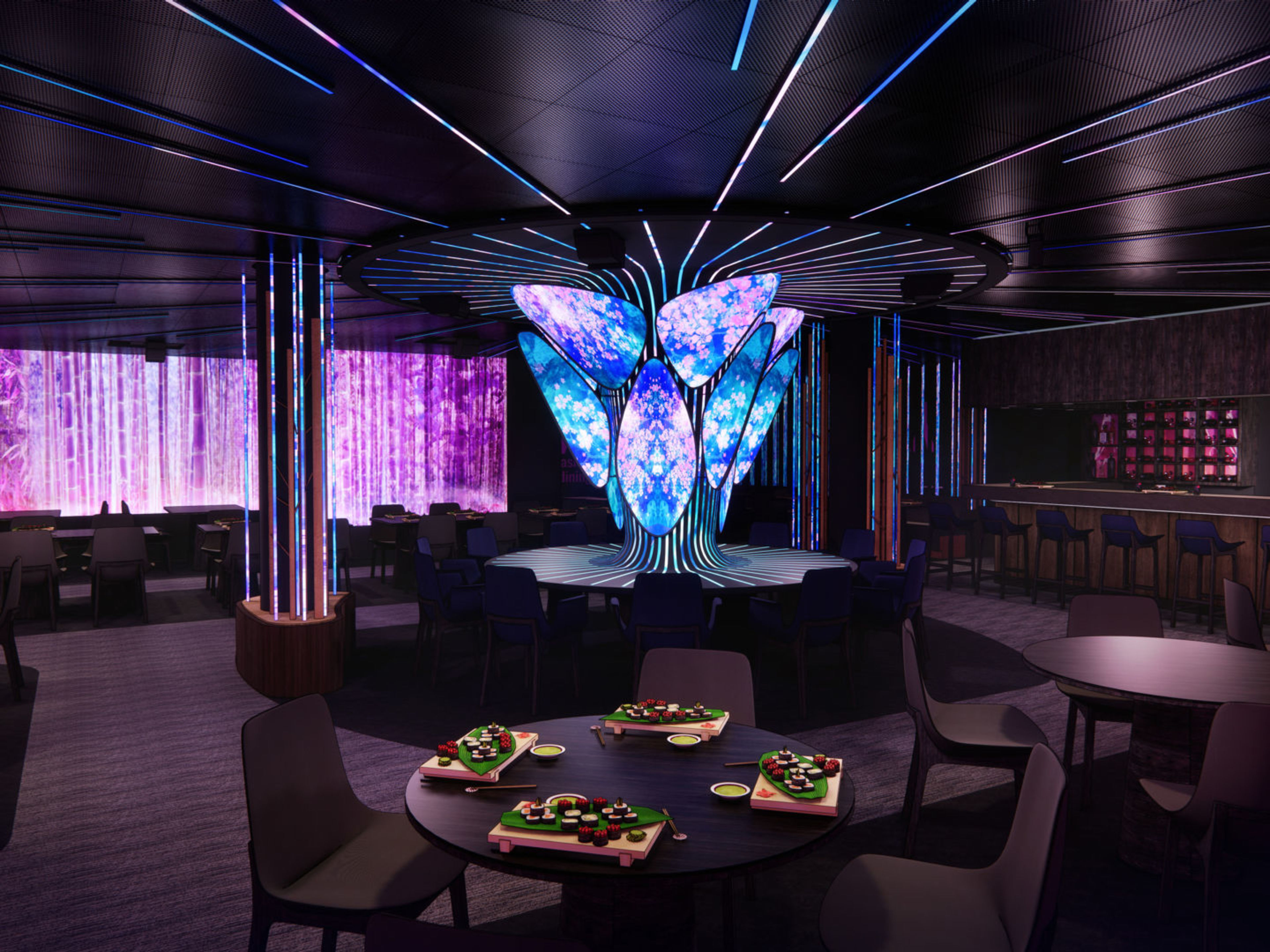 Futuristisches Restaurant mit leuchtendem Dekor und Sushi-Tischen. Futuristisches Restaurant mit leuchtendem Dekor und Sushi-Tischen.