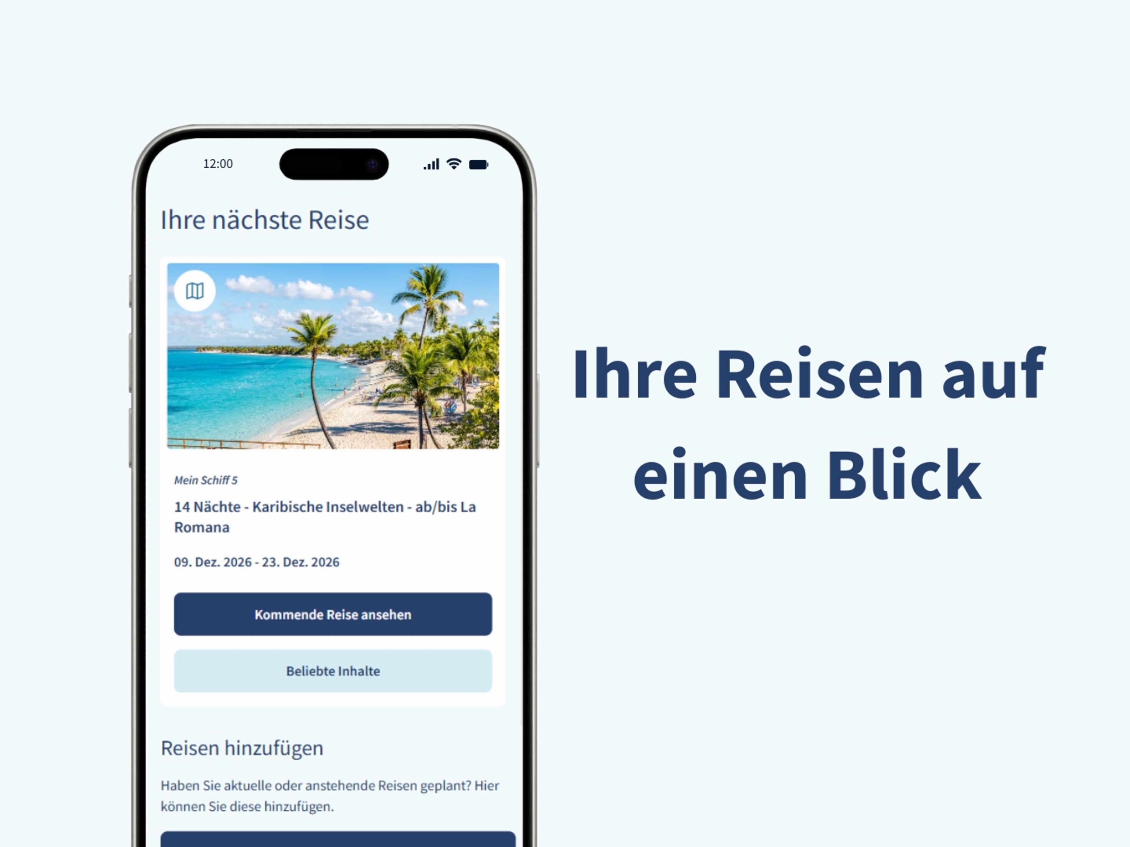 Smartphone zeigt Karibikreise mit Palmenstrand, blauer Himmel, Meer. Smartphone zeigt Karibikreise mit Palmenstrand, blauer Himmel, Meer.