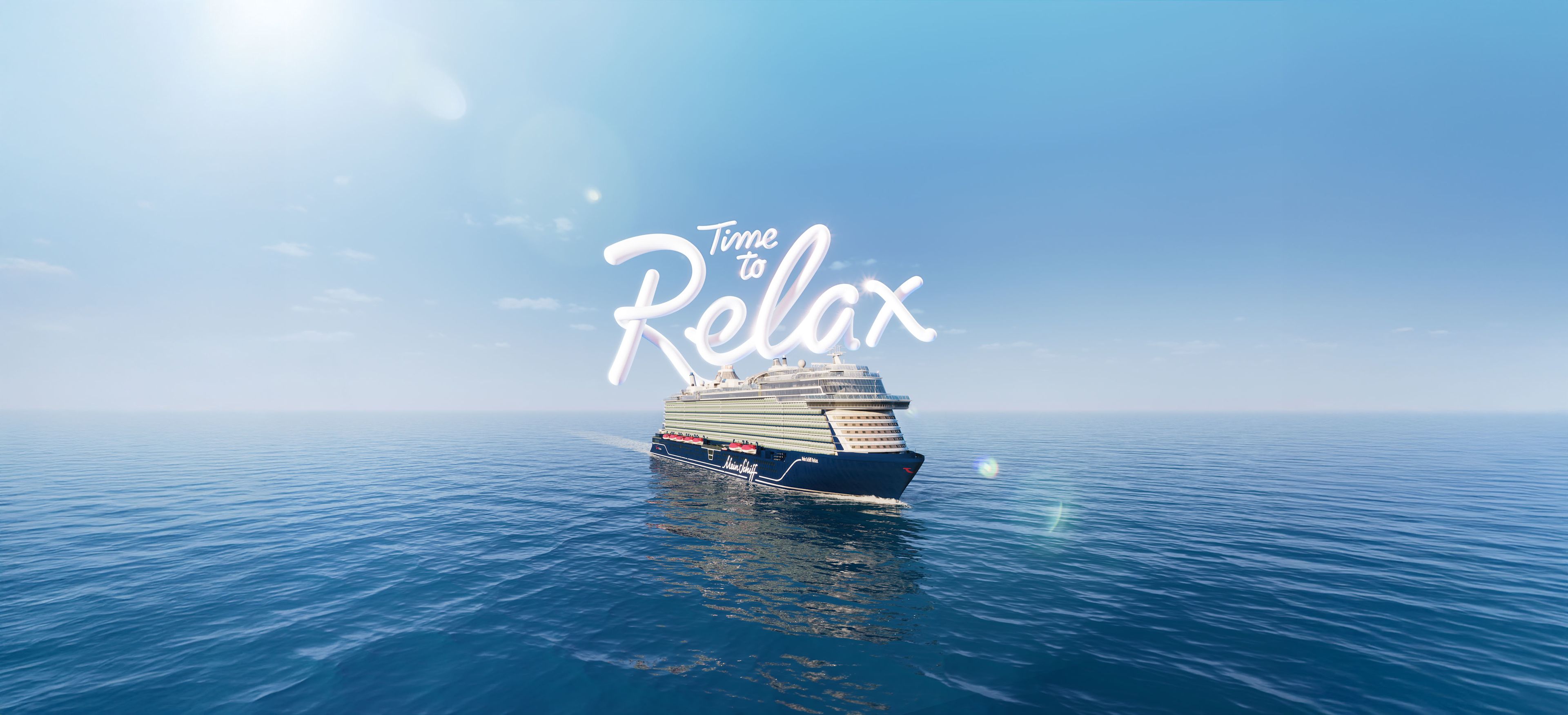 Kreuzfahrtschiff der Mein Schiff® Flotte auf offenem Meer, blauer Himmel. Kreuzfahrtschiff der Mein Schiff® Flotte auf offenem Meer, blauer Himmel.