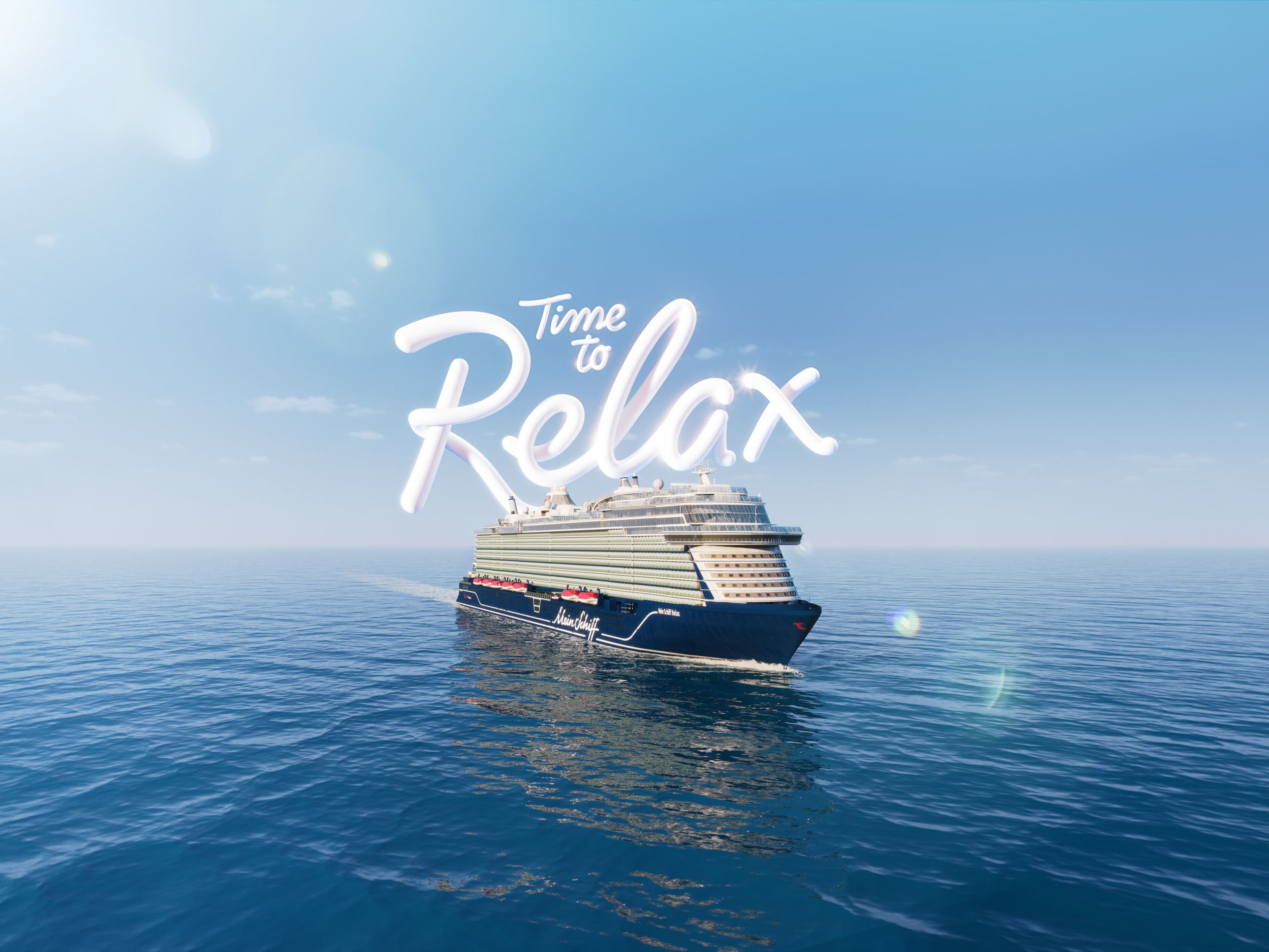 Kreuzfahrtschiff der Mein Schiff® Flotte auf offenem Meer, blauer Himmel. Kreuzfahrtschiff der Mein Schiff® Flotte auf offenem Meer, blauer Himmel.
