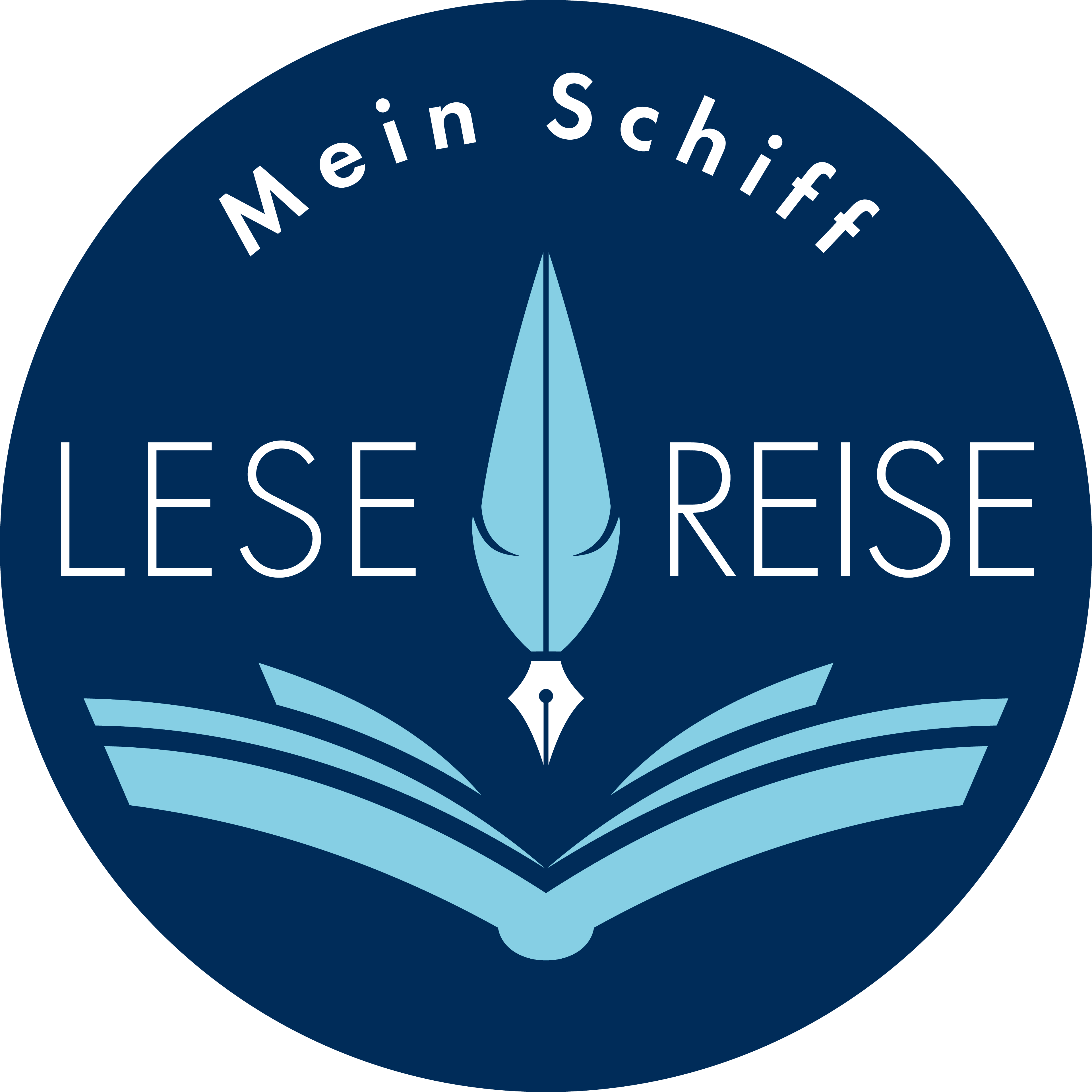 Blaues Logo mit Feder und Buch, Text "Mein Schiff Lesereise".