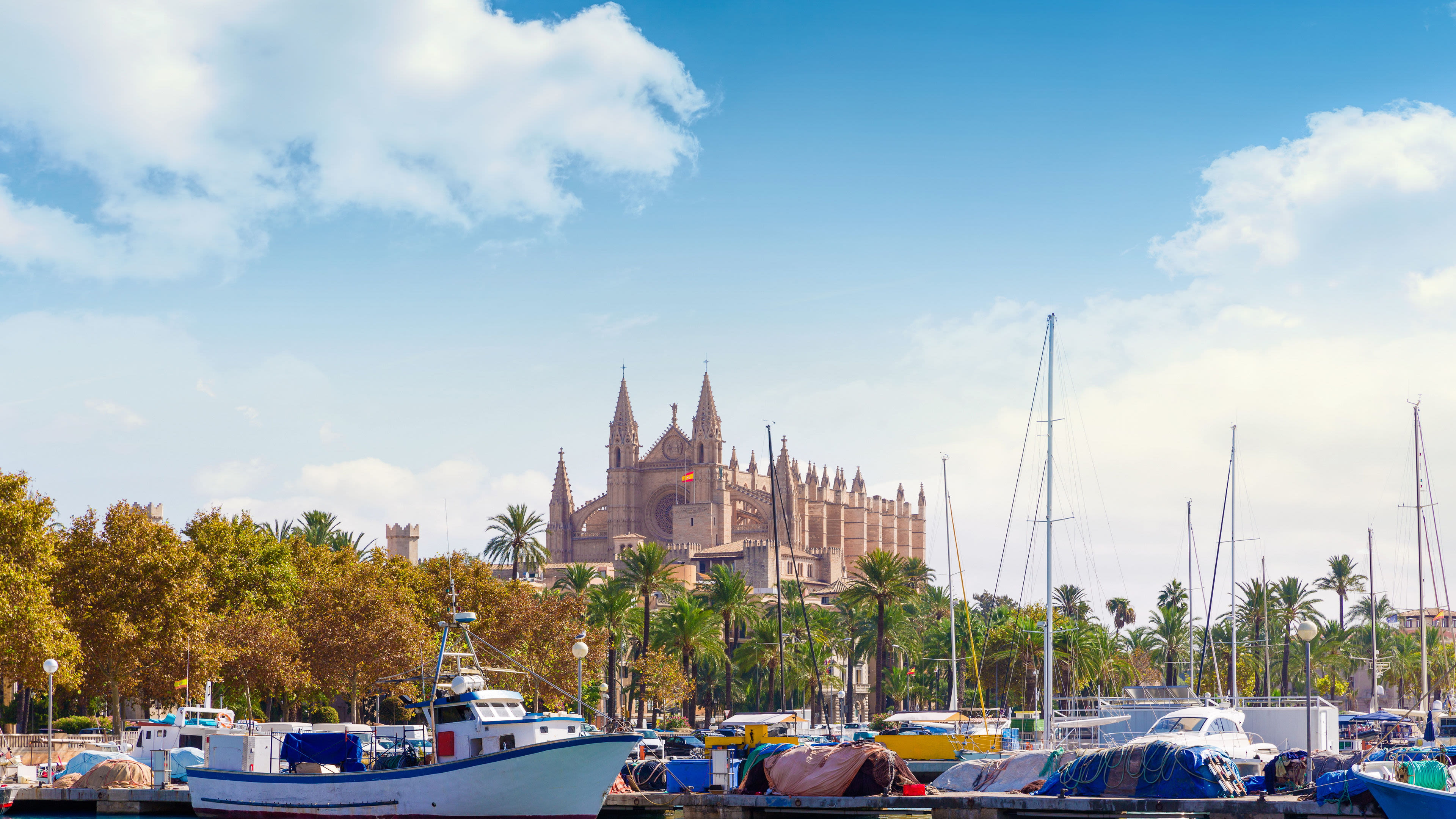 Kathedrale von Palma, Boote im Hafen, blauer Himmel.