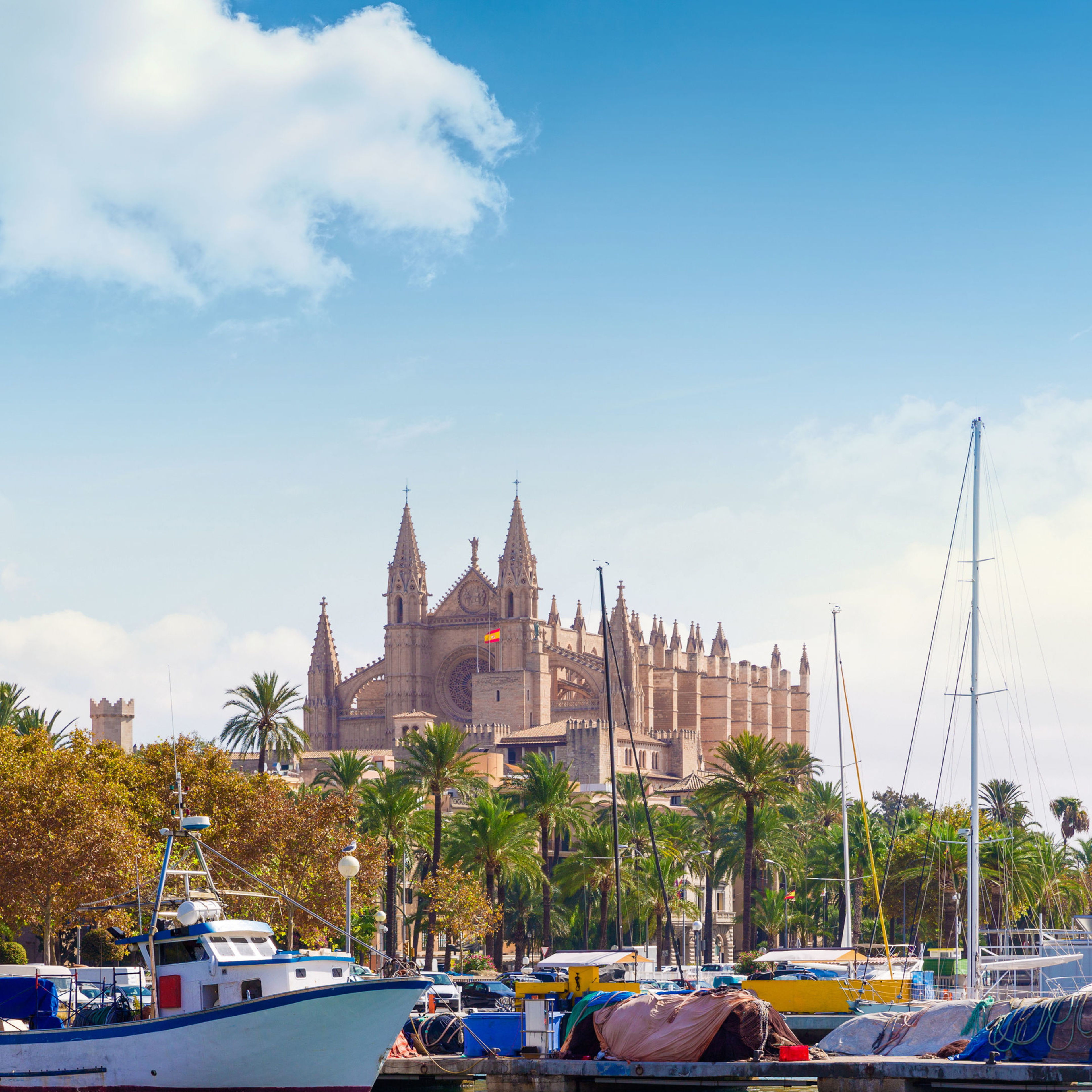Kathedrale von Palma, Boote im Hafen, blauer Himmel. Kathedrale von Palma, Boote im Hafen, blauer Himmel.