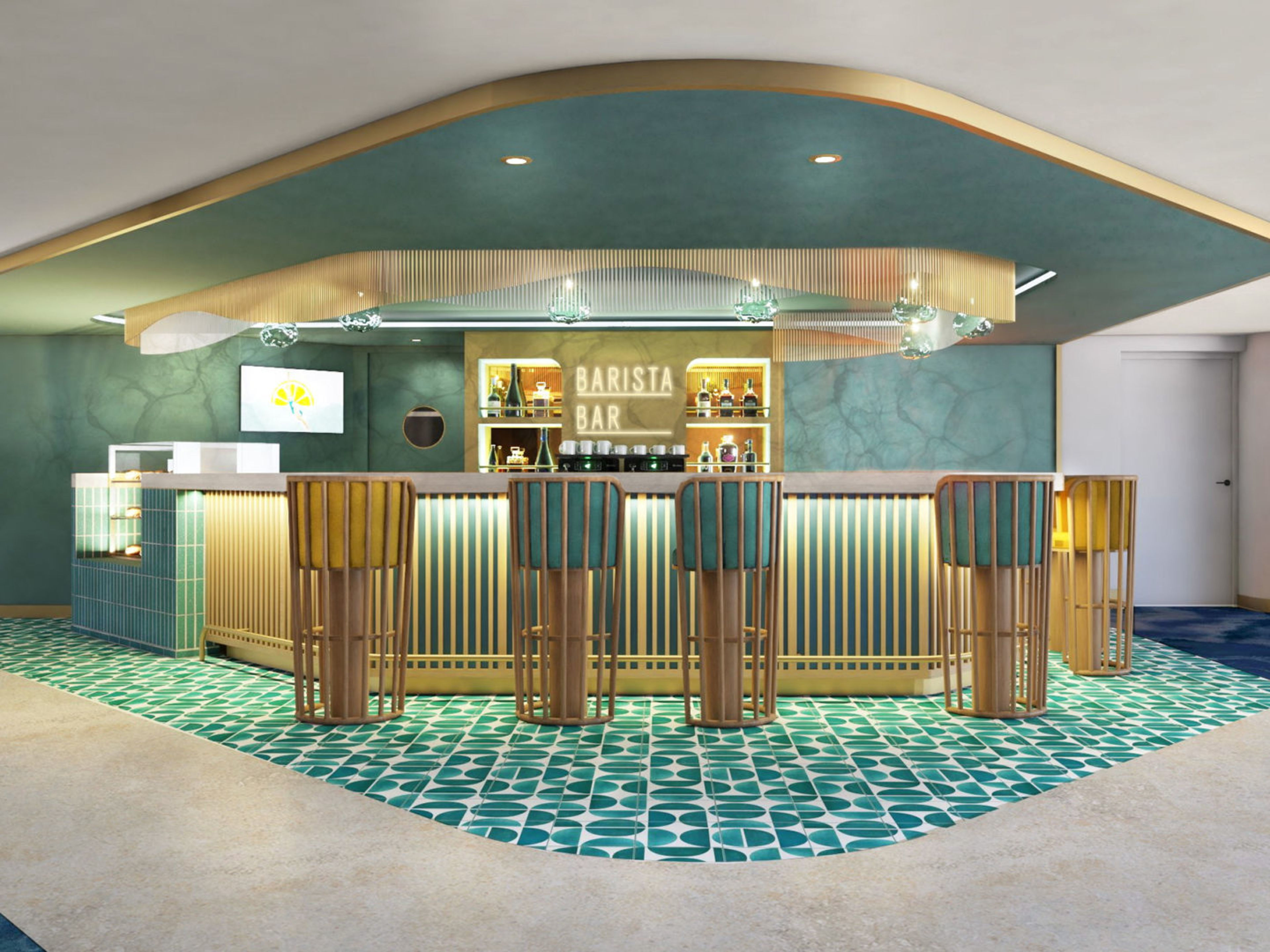 Barista-Bar mit türkisfarbenen Fliesen und Holzhockern. Barista-Bar mit türkisfarbenen Fliesen und Holzhockern.