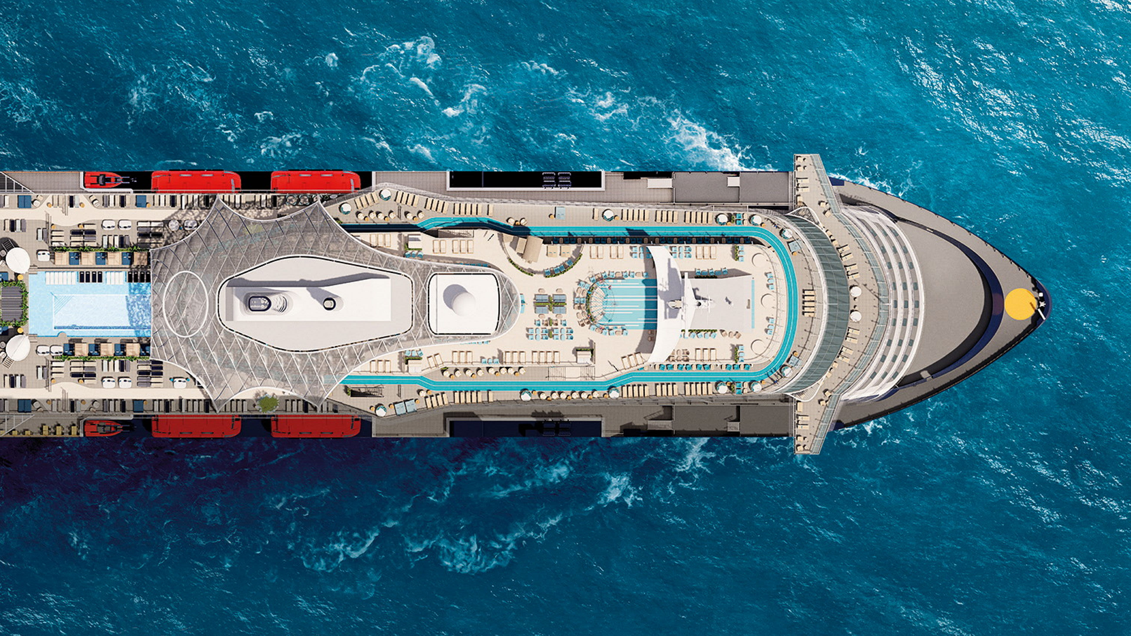 Kreuzfahrtschiff der Mein Schiff® Flotte von oben, blaues Meer. Kreuzfahrtschiff der Mein Schiff® Flotte von oben, blaues Meer.