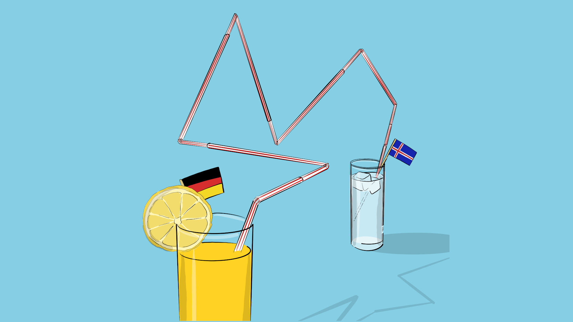 Zwei Gläser mit Flaggen, Zitronenscheibe, blaue Hintergrund. Zwei Gläser mit Flaggen, Zitronenscheibe, blaue Hintergrund.