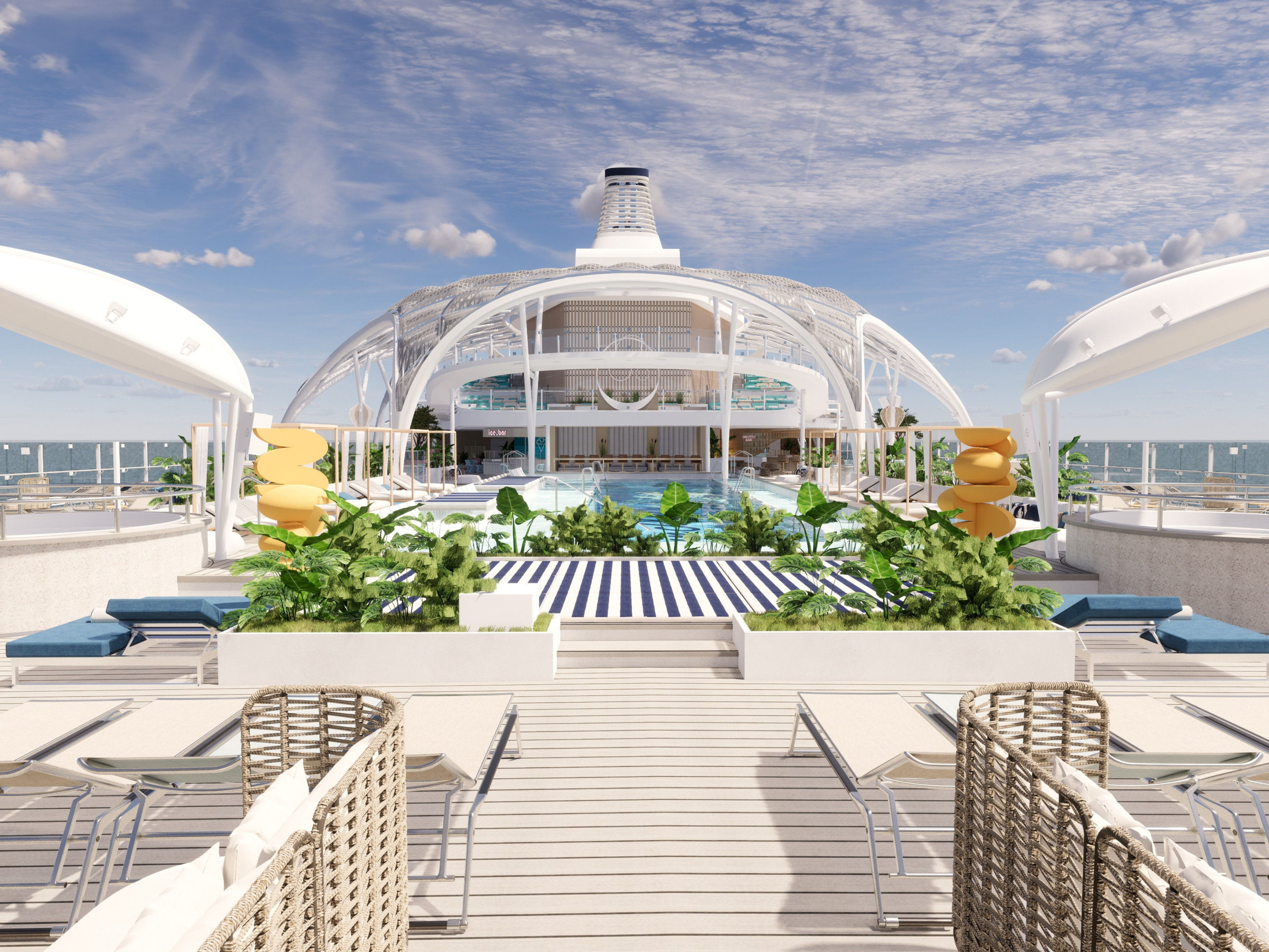 Sonnendeck mit Pool und Liegestühlen auf Kreuzfahrtschiff der Mein Schiff® Flotte. Sonnendeck mit Pool und Liegestühlen auf Kreuzfahrtschiff der Mein Schiff® Flotte.