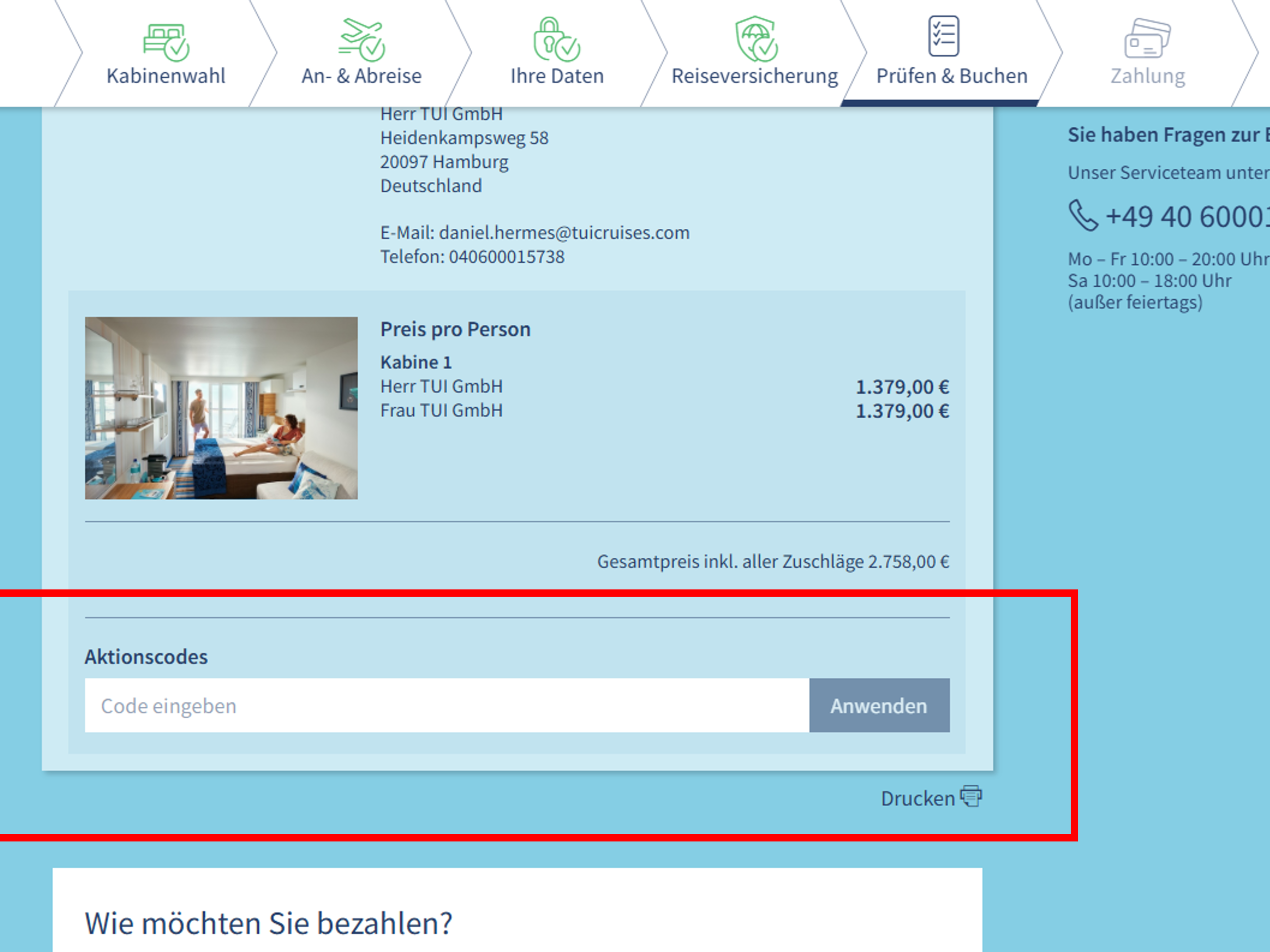 Buchungsseite mit Kabinenpreis und Aktionscode-Eingabefeld. Buchungsseite mit Kabinenpreis und Aktionscode-Eingabefeld.