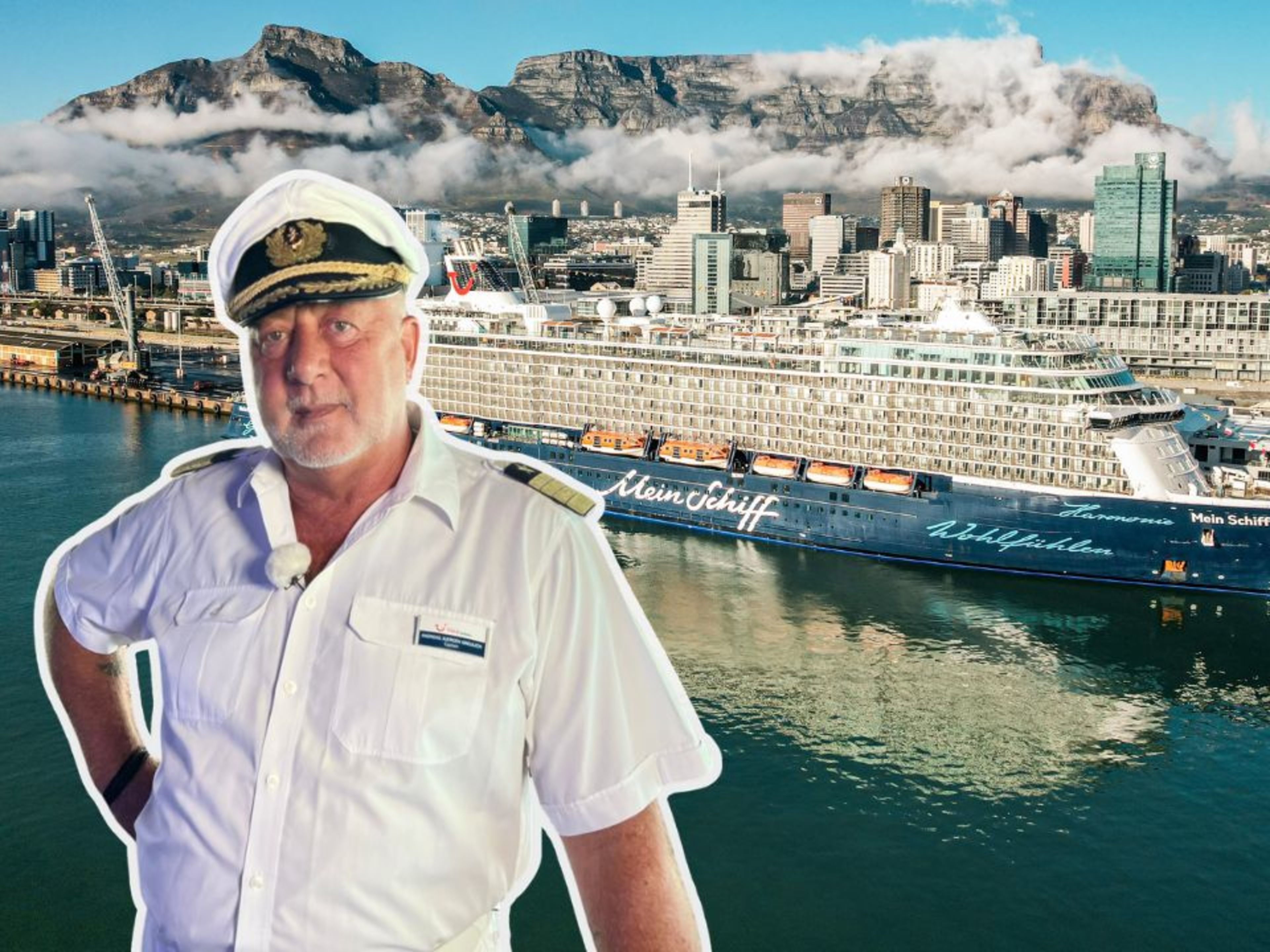 Kapitän vor Kreuzfahrtschiff der Mein Schiff® Flotte in Kapstadt. Kapitän vor Kreuzfahrtschiff der Mein Schiff® Flotte in Kapstadt.