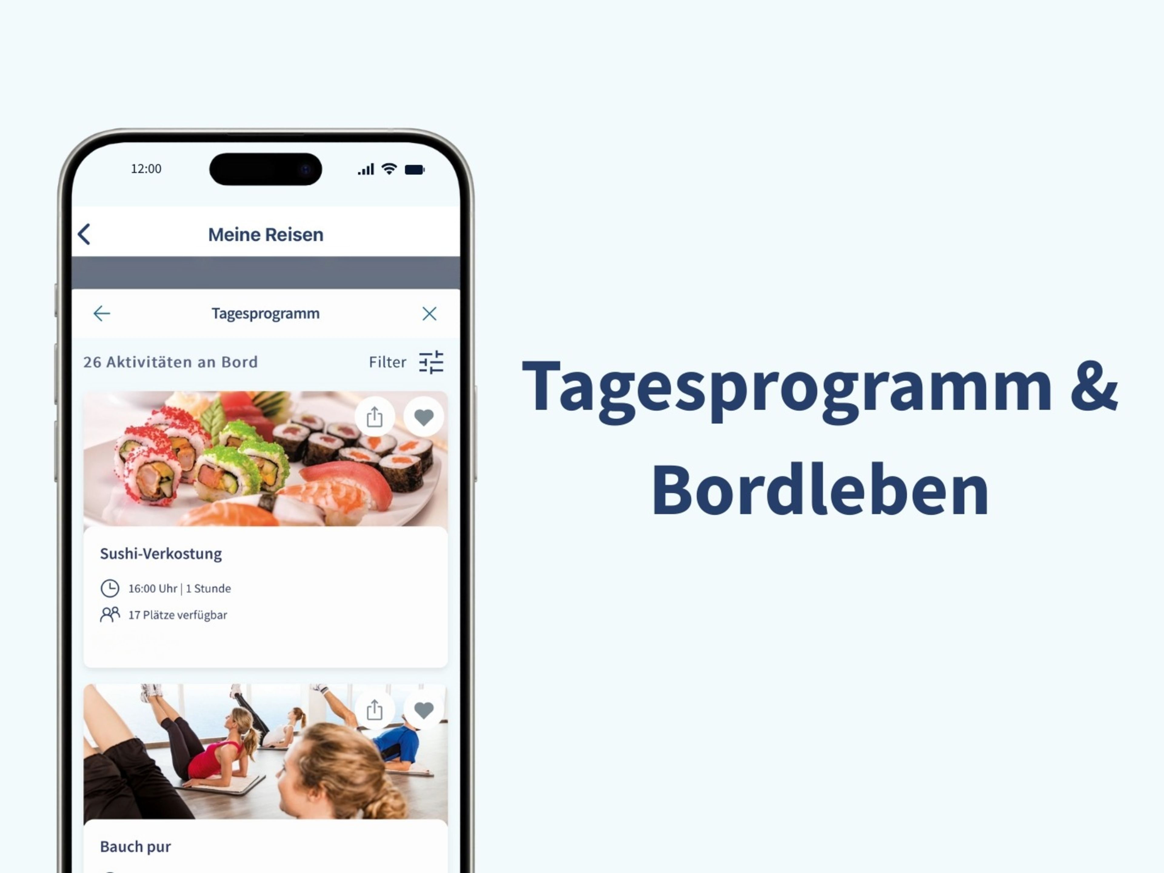 Smartphone zeigt Sushi-Verkostung und Fitnesskurs im Tagesprogramm. Smartphone zeigt Sushi-Verkostung und Fitnesskurs im Tagesprogramm.