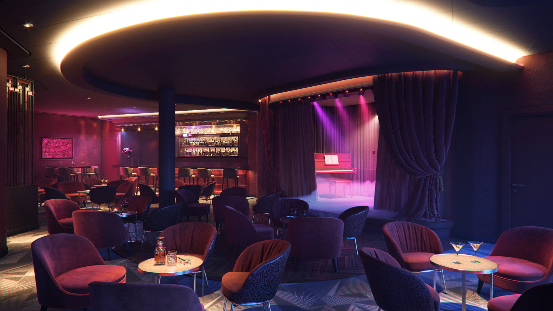 Elegante Bar mit Bühne, rotes Klavier, gedämpftes Licht.