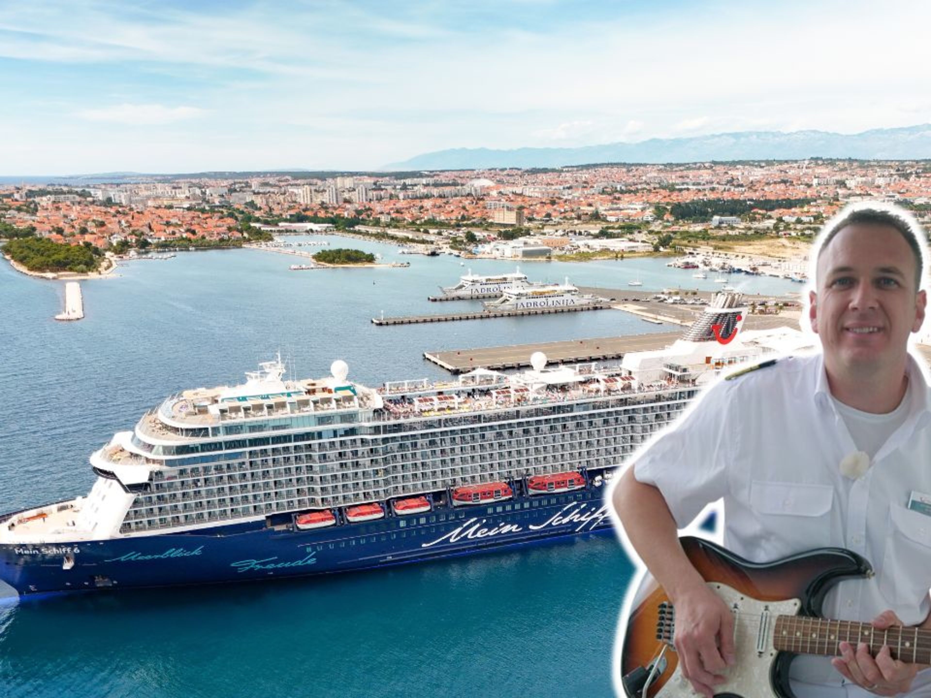 Kreuzfahrtschiff der Mein Schiff® Flotte in Hafenstadt, Mann mit Gitarre. Kreuzfahrtschiff der Mein Schiff® Flotte in Hafenstadt, Mann mit Gitarre.