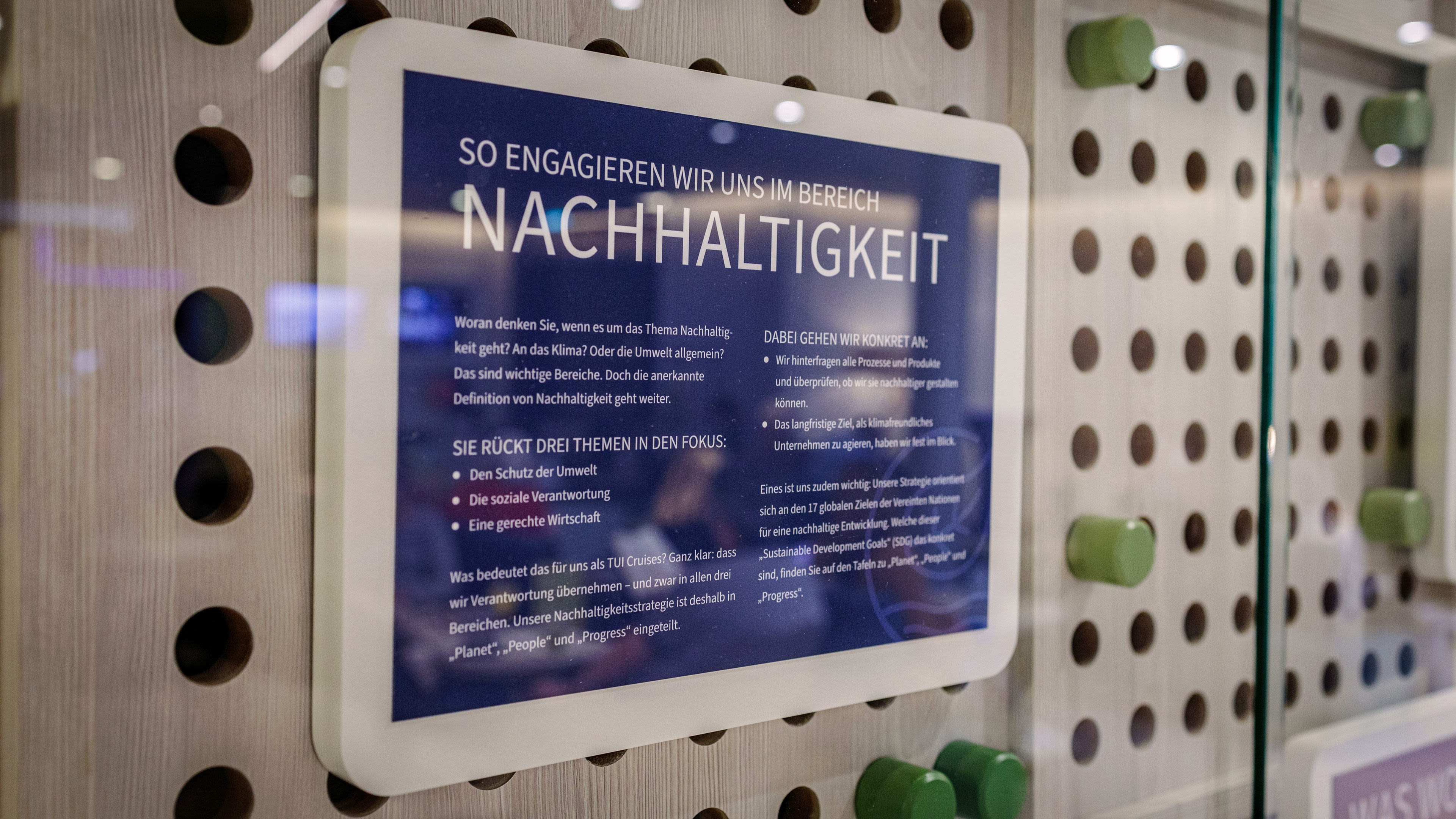 Schild mit Text über Nachhaltigkeit, blau-weißer Hintergrund, Holzdekor im Hintergrund.