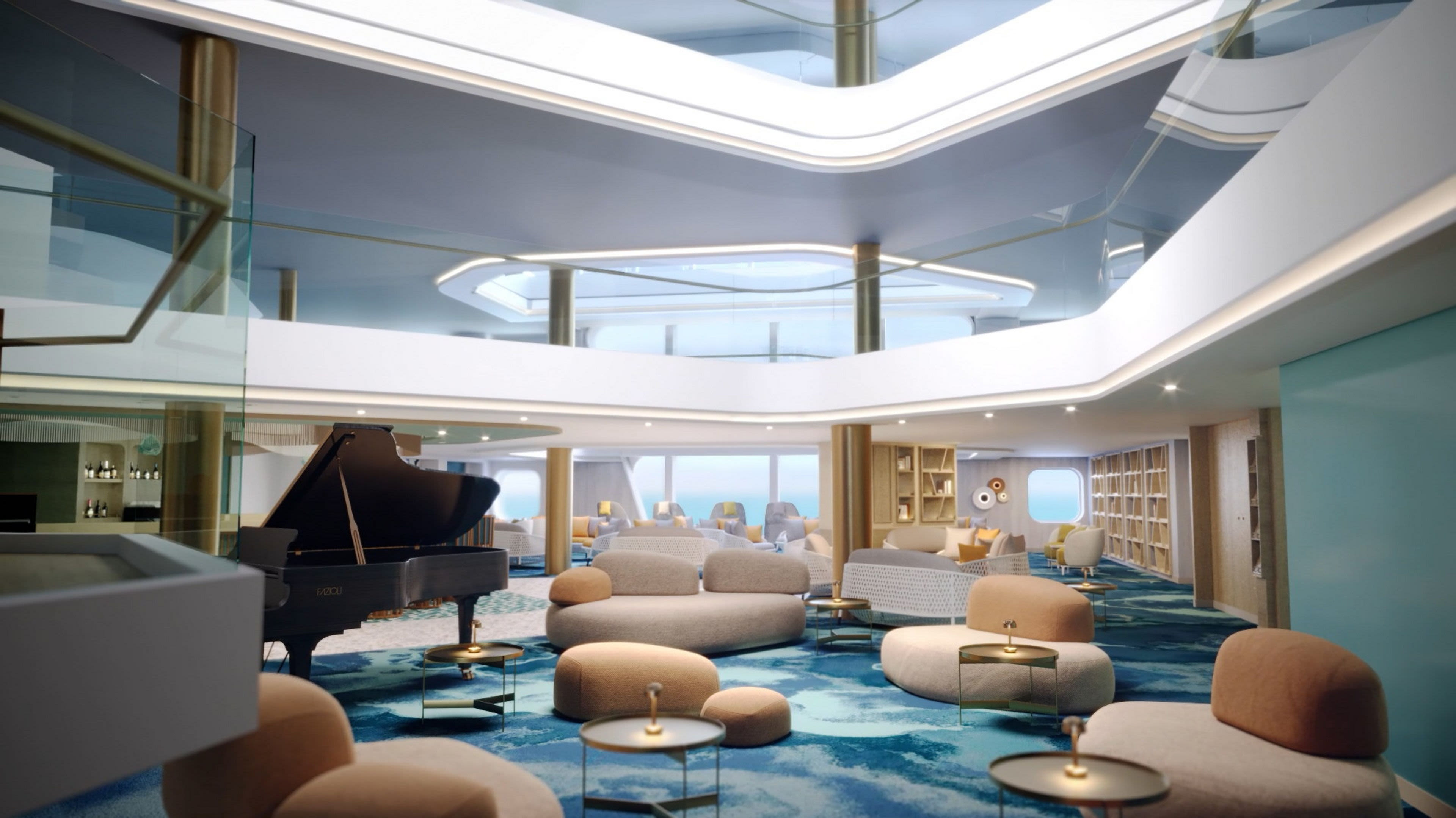 Elegante Lounge mit Flügel, modernen Möbeln und blauen Akzenten.