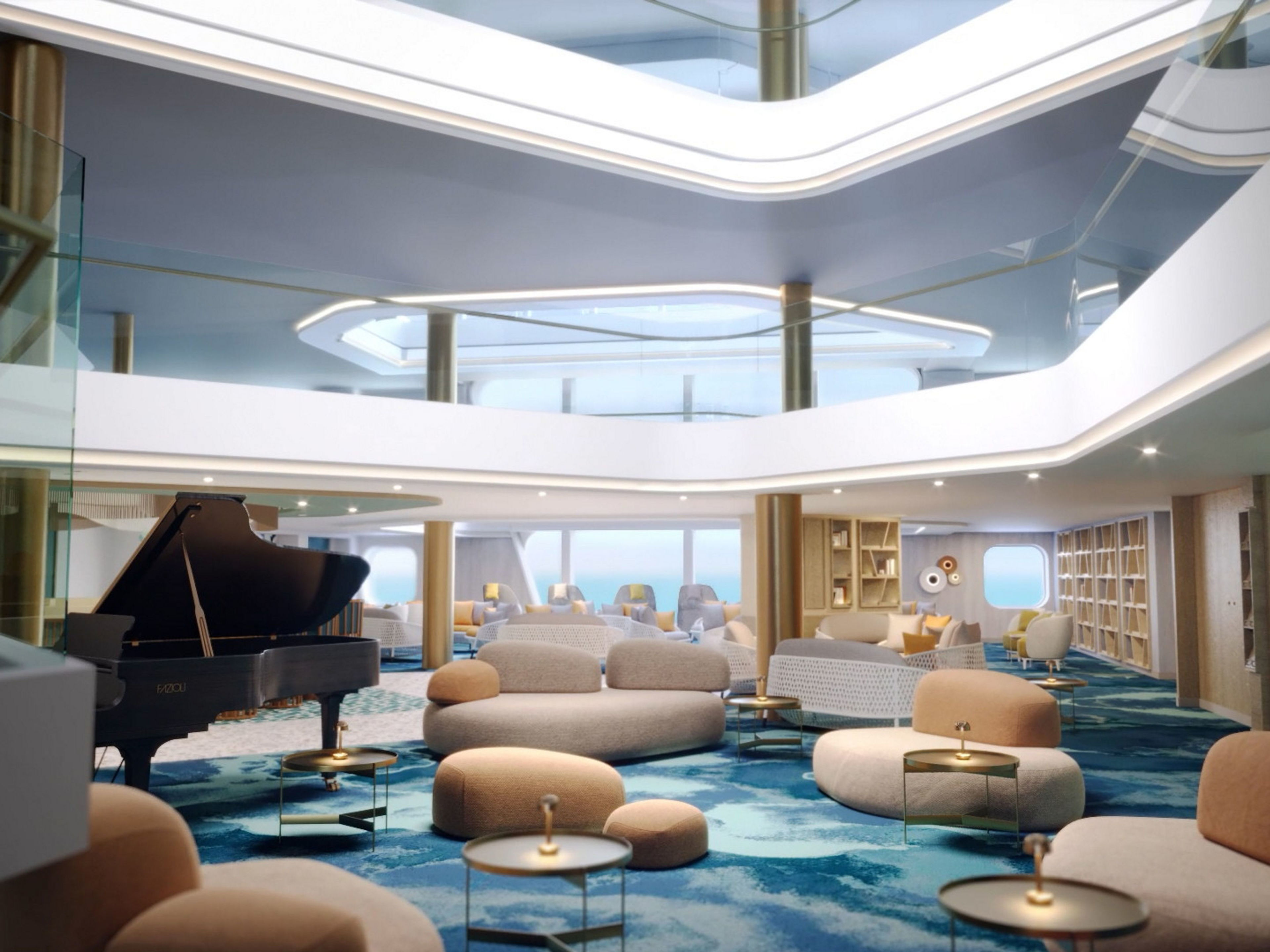 Elegante Lounge mit Flügel, modernen Möbeln und blauen Akzenten. Elegante Lounge mit Flügel, modernen Möbeln und blauen Akzenten.
