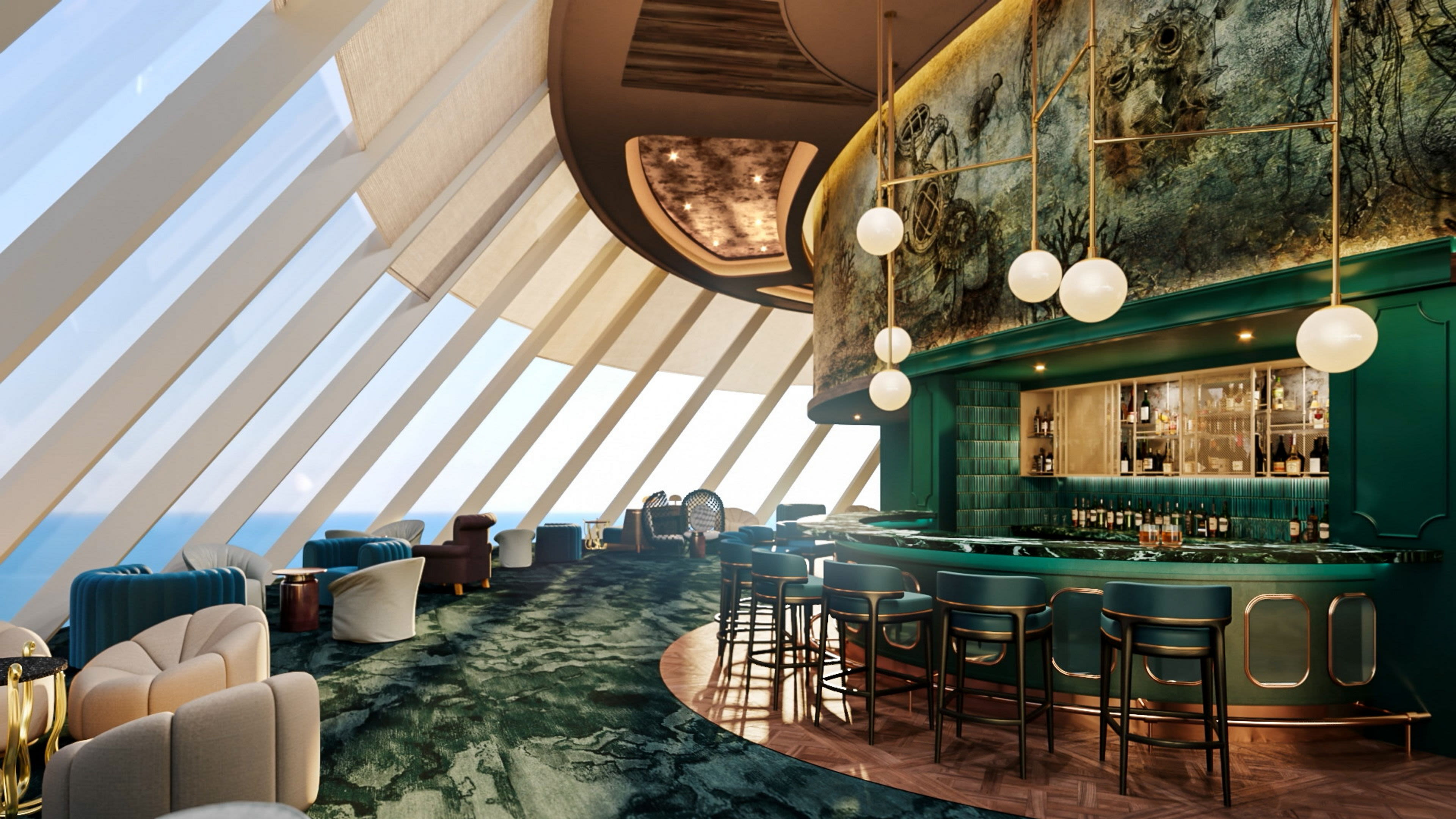 Elegante Bar mit grüner Theke und großen Fenstern auf Kreuzfahrtschiff.