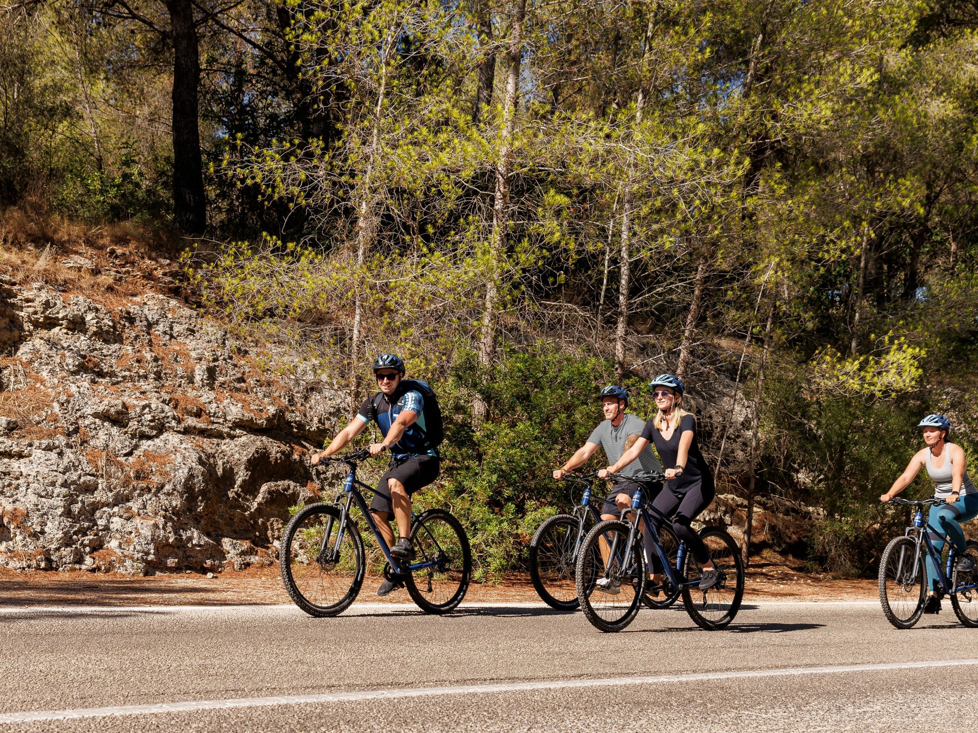 Vier Radfahrer auf einer Straße im Wald, sonniger Tag. Vier Radfahrer auf einer Straße im Wald, sonniger Tag.