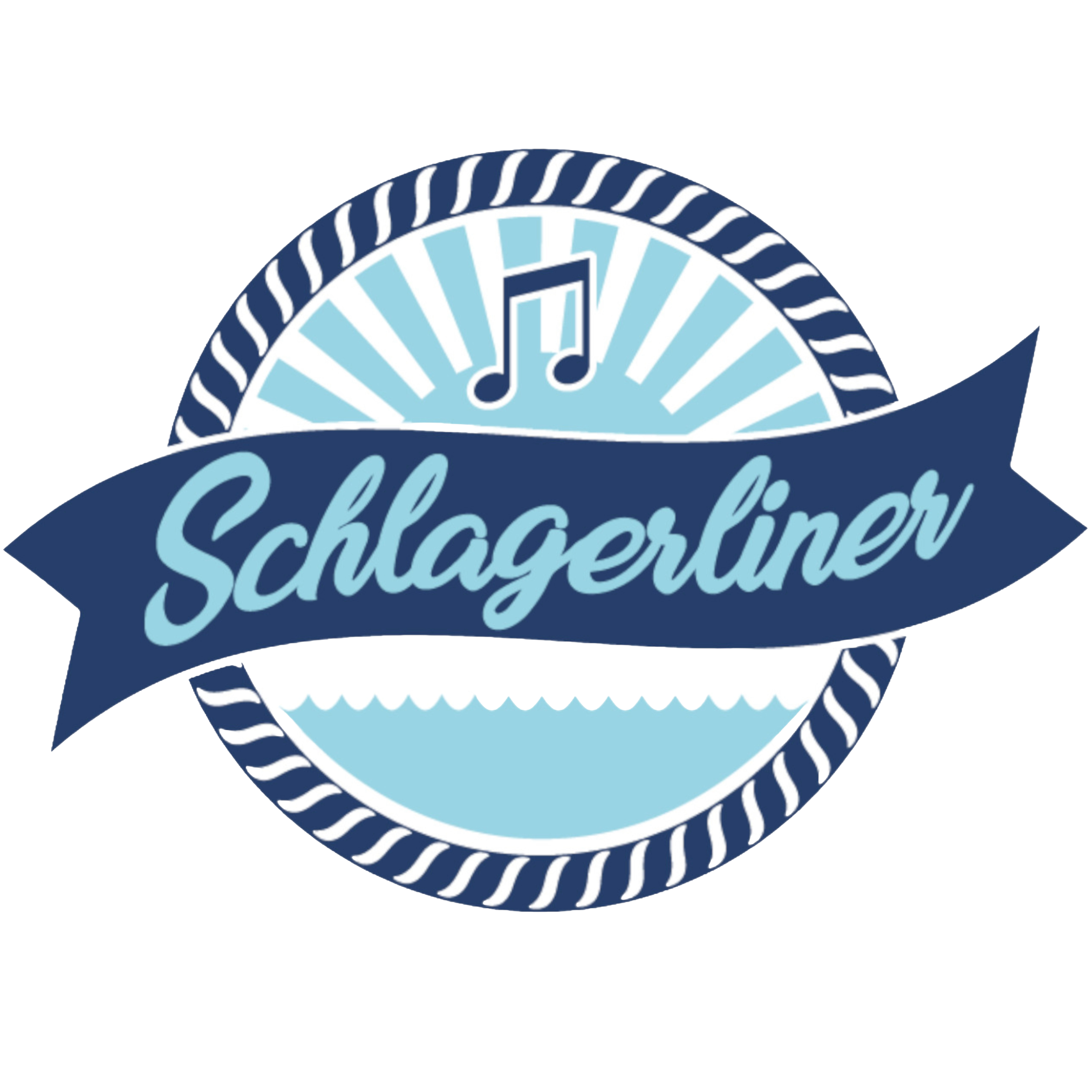 Blaues Logo mit Notensymbol und Schriftzug "Schlagerliner". Blaues Logo mit Notensymbol und Schriftzug "Schlagerliner".