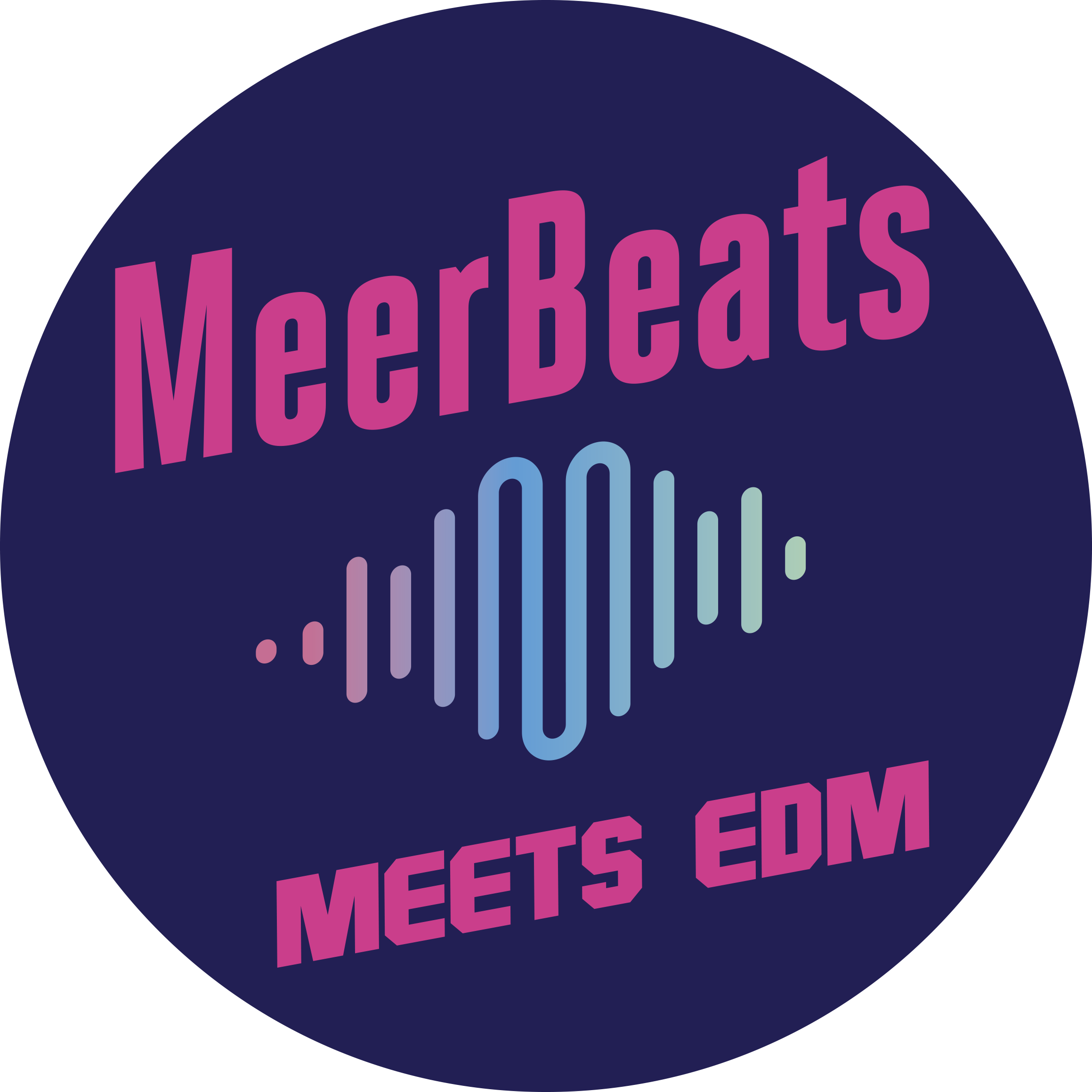 MeerBeats-Logo, bunte Schallwellen, lila Hintergrund, EDM-Thema.