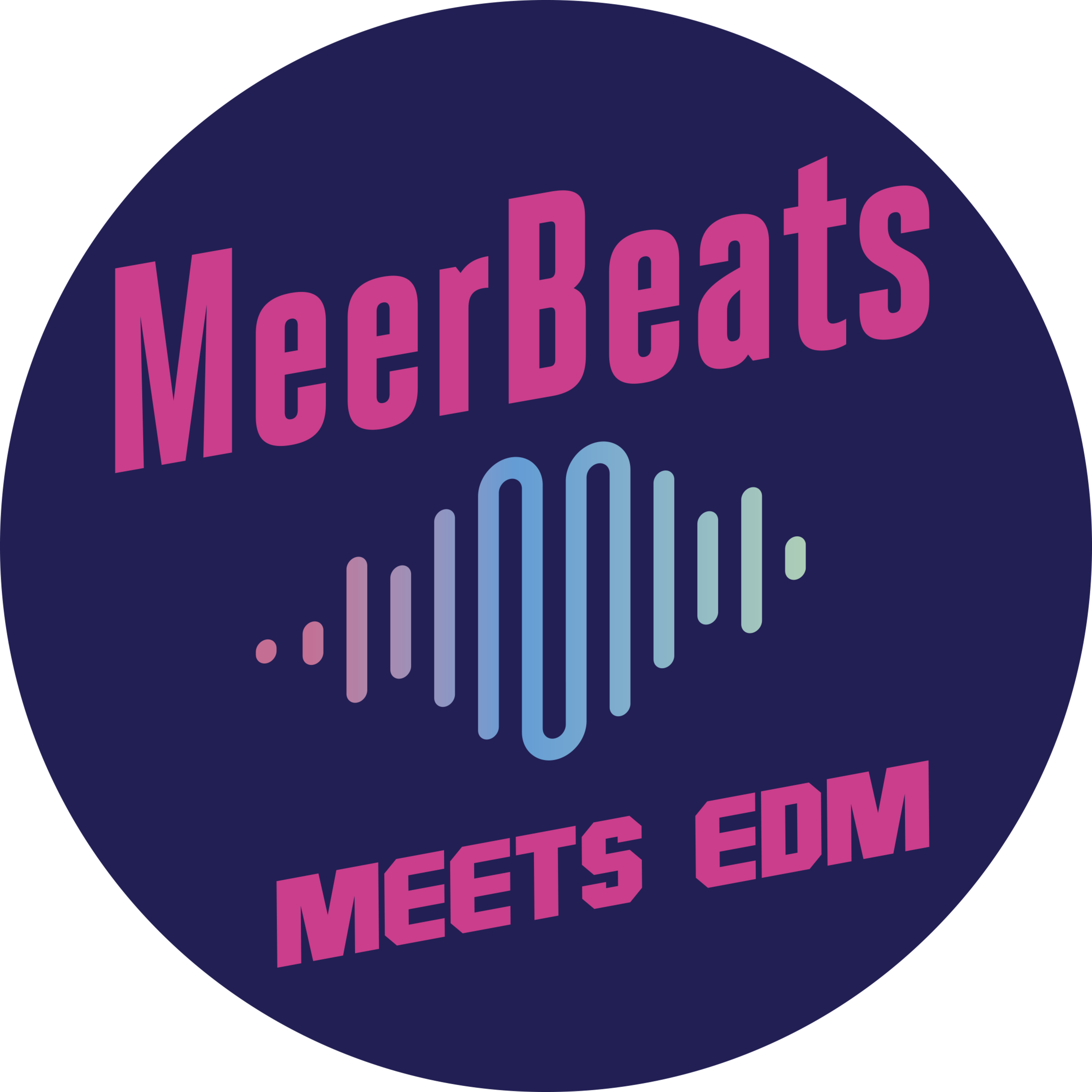 MeerBeats-Logo, bunte Schallwellen, lila Hintergrund, EDM-Thema. MeerBeats-Logo, bunte Schallwellen, lila Hintergrund, EDM-Thema.