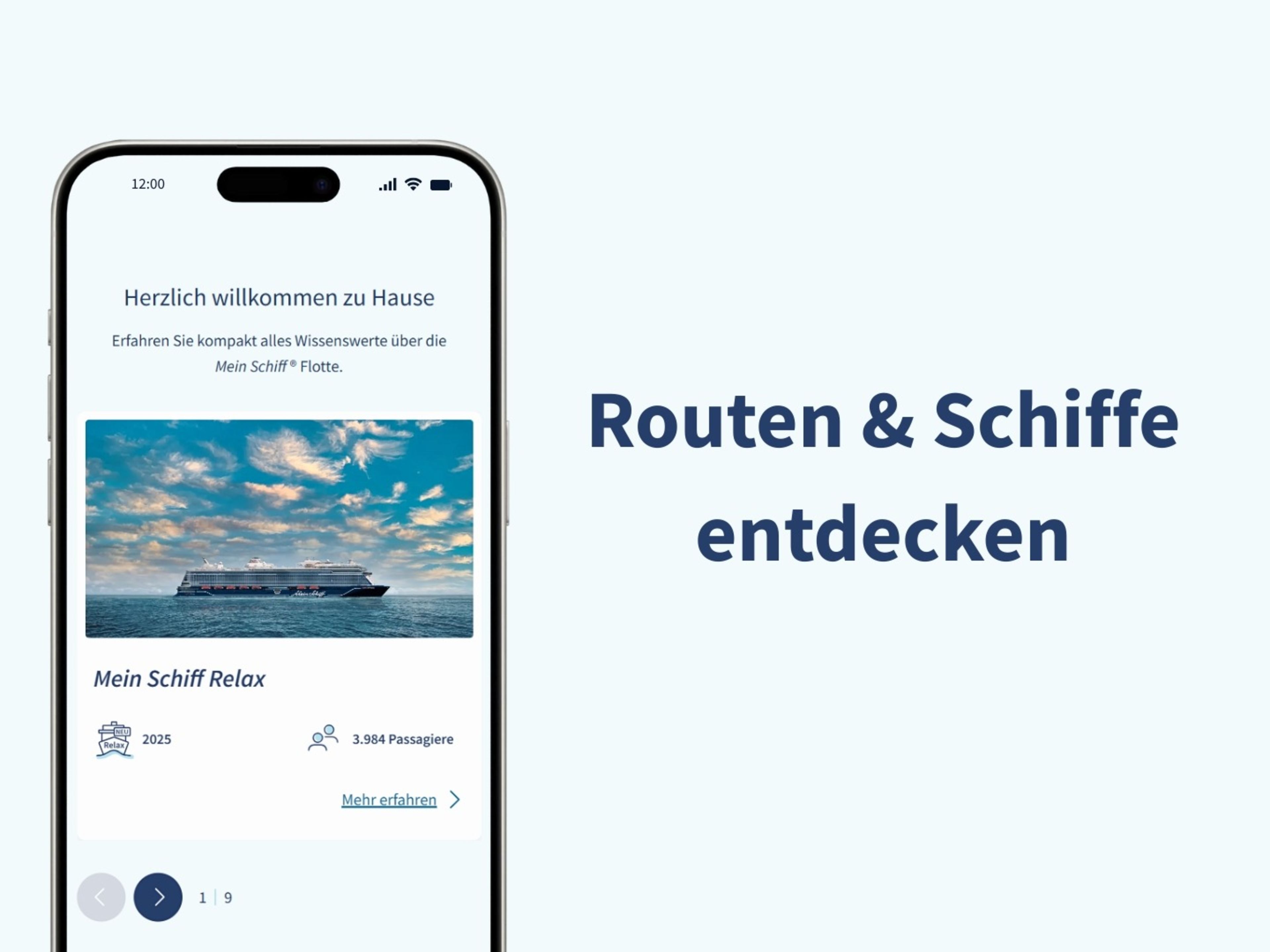 Smartphone mit Kreuzfahrtschiff der Mein Schiff® Flotte auf blauem Meer. Smartphone mit Kreuzfahrtschiff der Mein Schiff® Flotte auf blauem Meer.