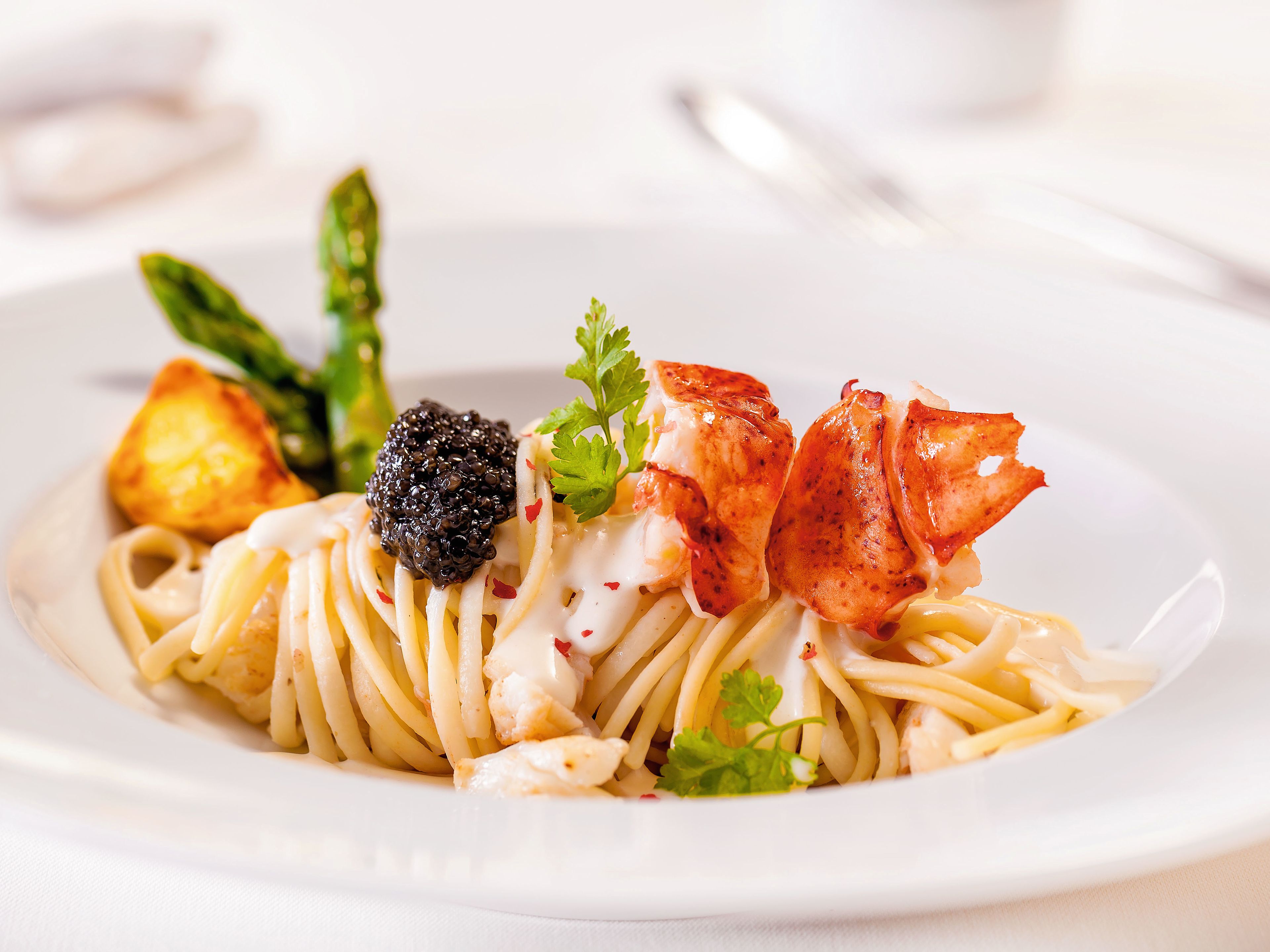 Spaghetti mit Hummer, Kaviar, Spargel und Kartoffel auf weißem Teller. Spaghetti mit Hummer, Kaviar, Spargel und Kartoffel auf weißem Teller.