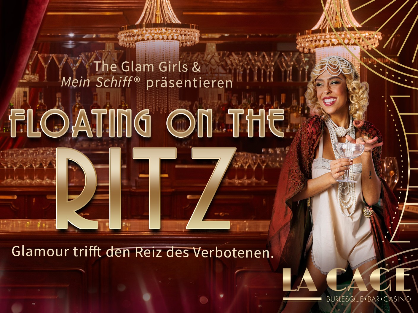 The poster with burlesque dancer of the La Cage show "Floating on the Ritz".