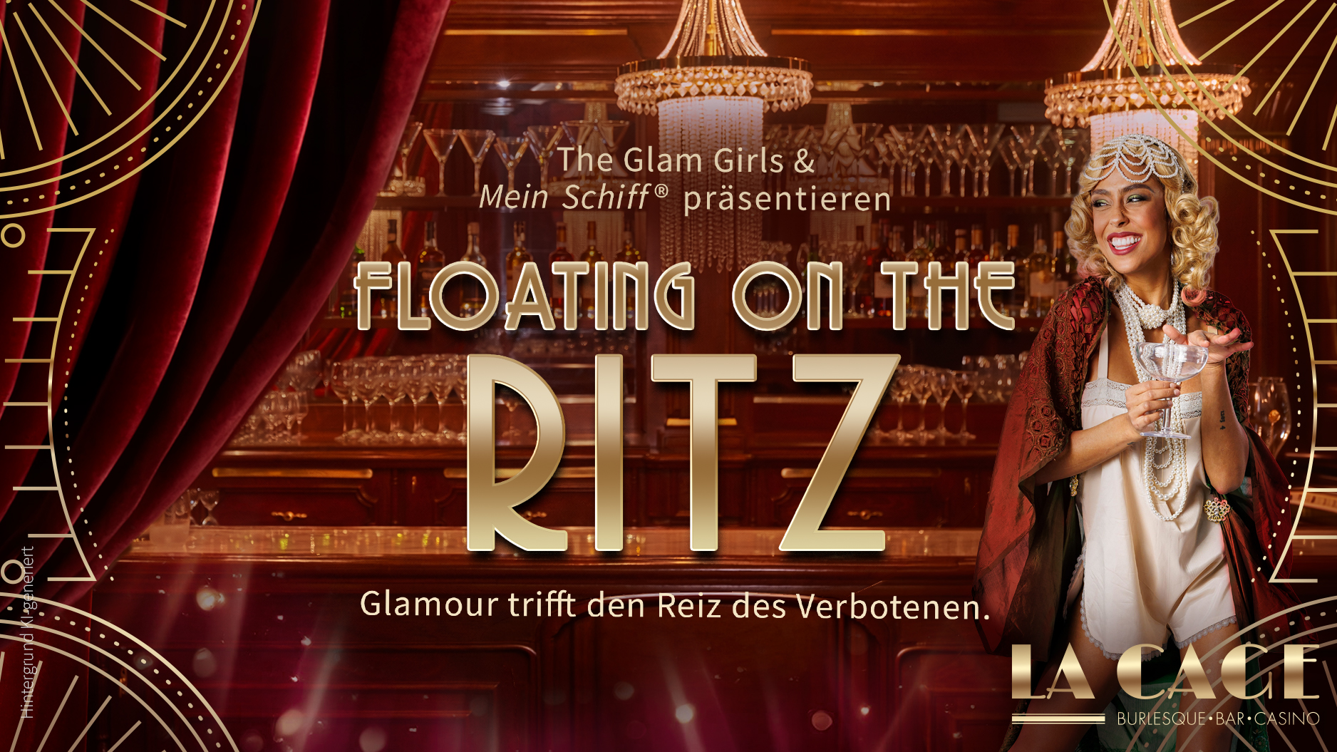 The poster with burlesque dancer of the La Cage show "Floating on the Ritz".