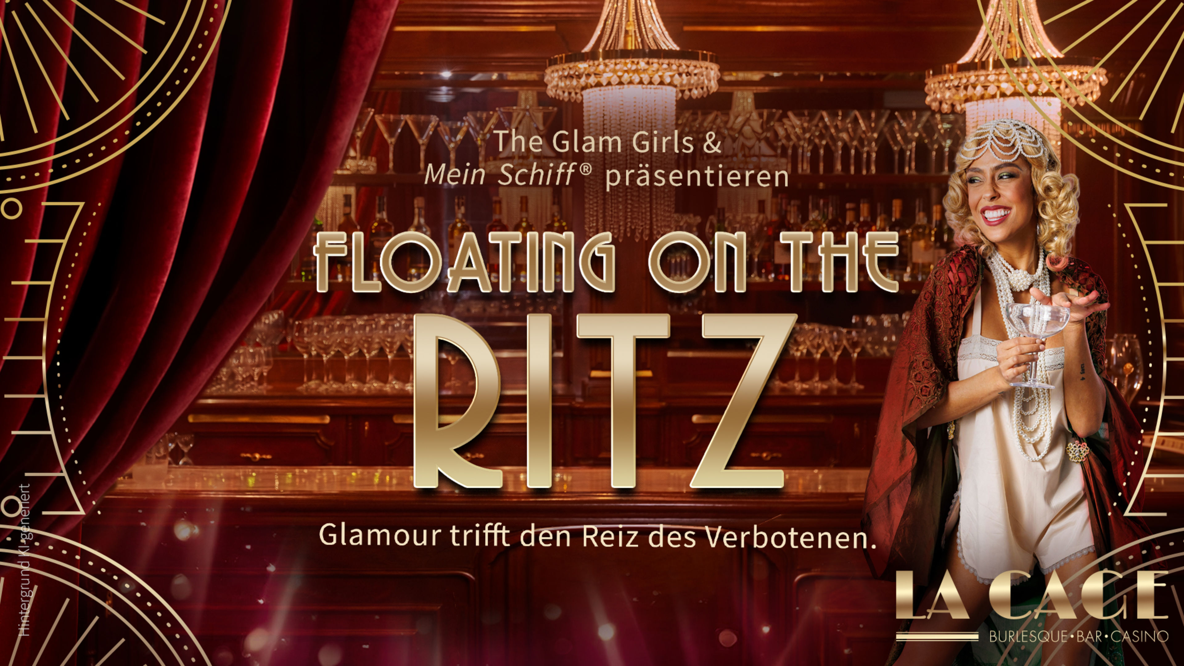 The poster with burlesque dancer of the La Cage show "Floating on the Ritz". The poster with burlesque dancer of the La Cage show "Floating on the Ritz".